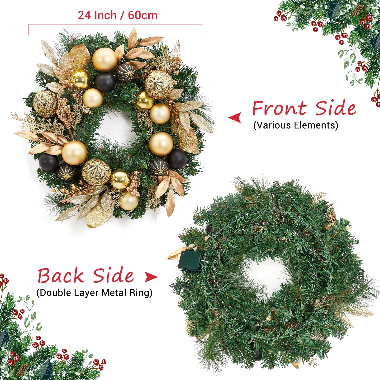 BebreezChic 22" Modern Christmas Wreath, Black Gold, Shiny Metallic Ornaments, Golden Foliage, Holiday Accent, Door Wall