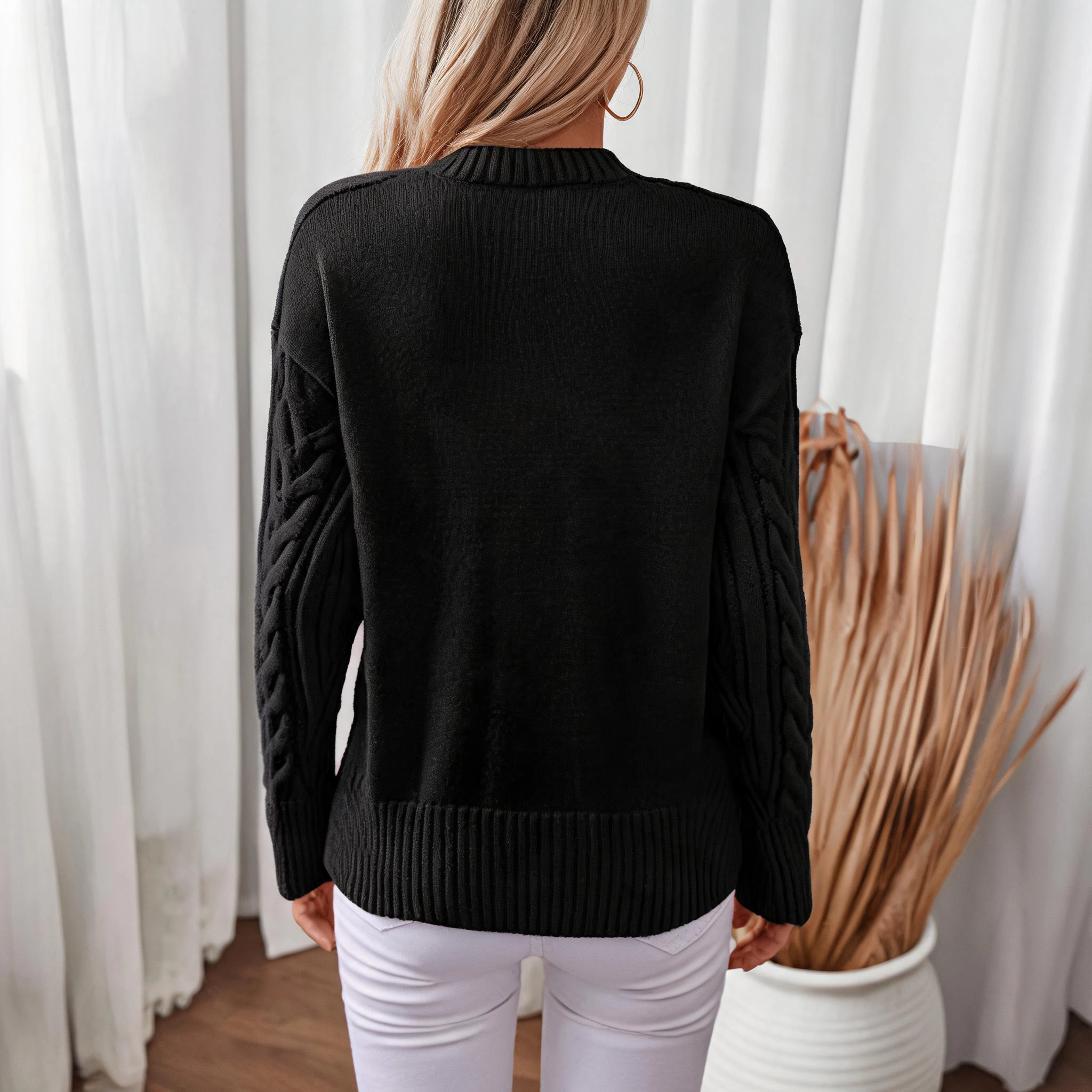 KOJOOIN Women V Neck Cable Knit Sweater Long Sleeve Chunky Pullover Loose Fit Ribbed Trim Casual Top