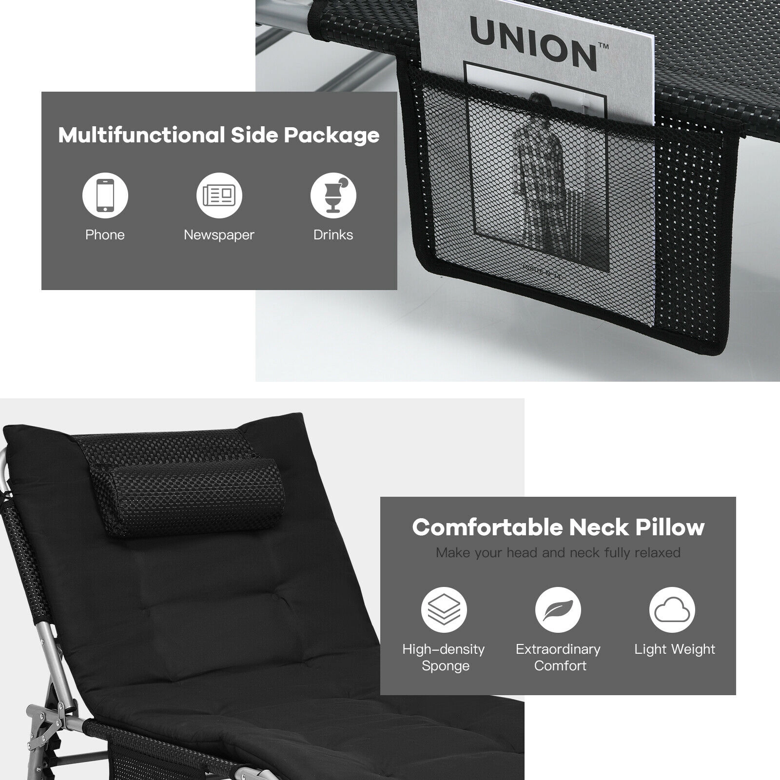 SUGIFT 4-Position Padded Folding Lounge Chair 330-Lb Capacity with Removable Soft Mattress & Neck Pillow Black/Beige