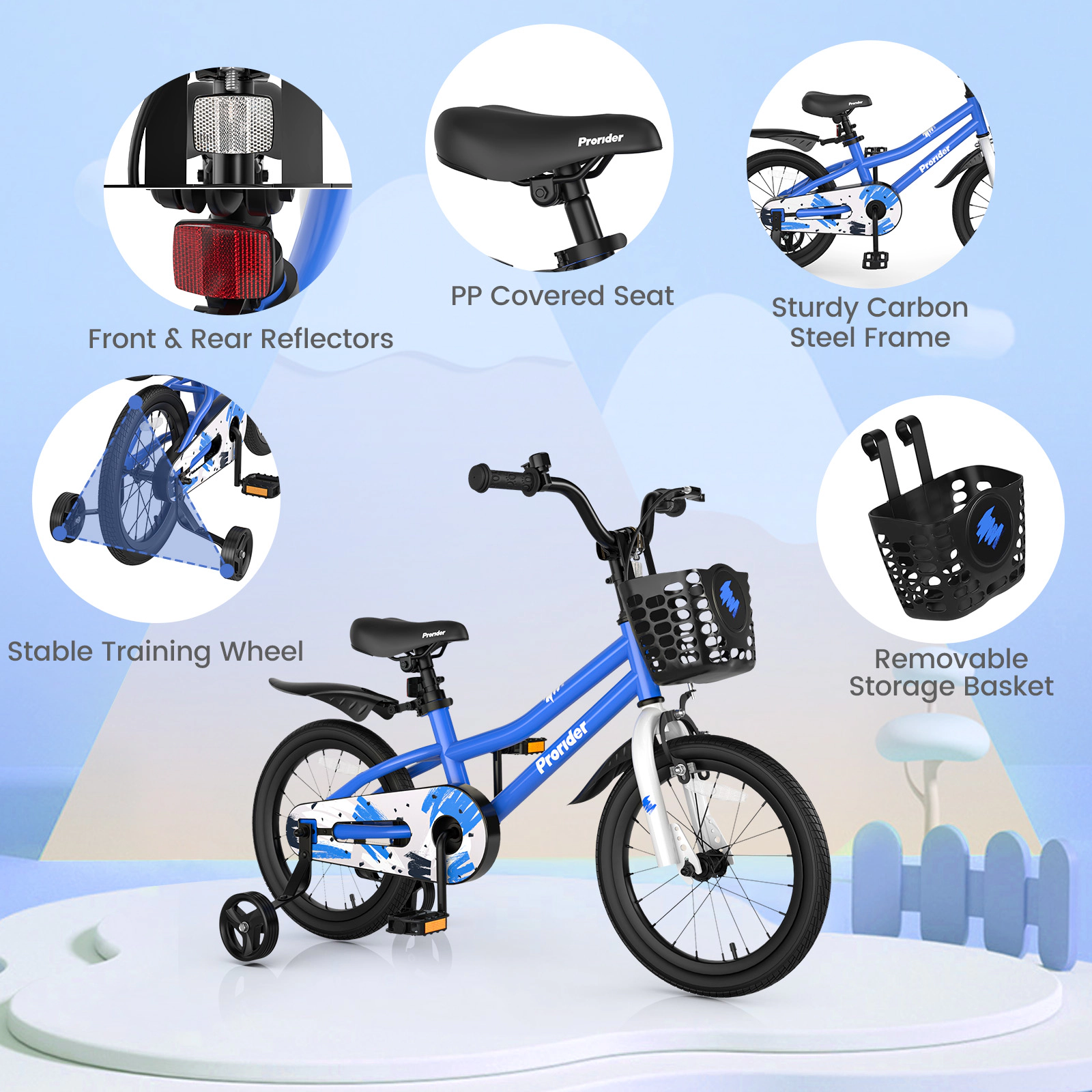 16-in Kids Bike Removable Training Wheels Front Basket Adjustable Handlebar Coaster Brake Ages 4-7 Blue