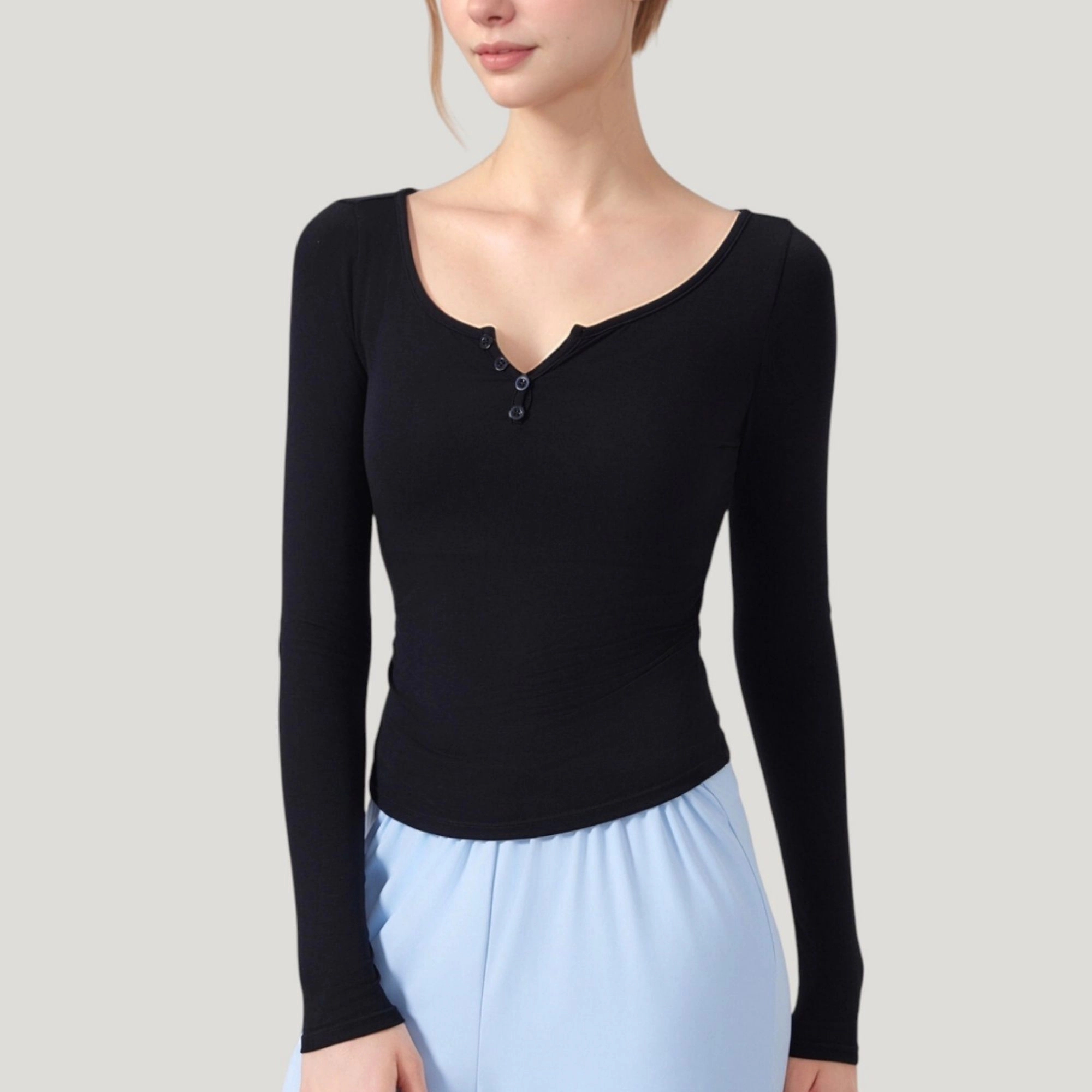Anna-Kaci Women's Long Sleeve Henley Activewear Top with Scoop Neckline and Streamlined Fitted Silhouette
