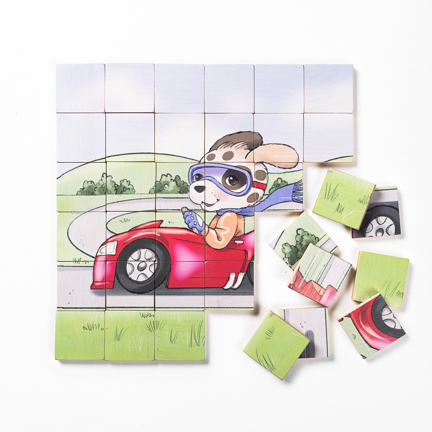 Magnetic Wooden Puzzle 36-Piece with Organic Cotton Bag - Puppy Racer, Maple Wood, Made in Canada, Printed in USA