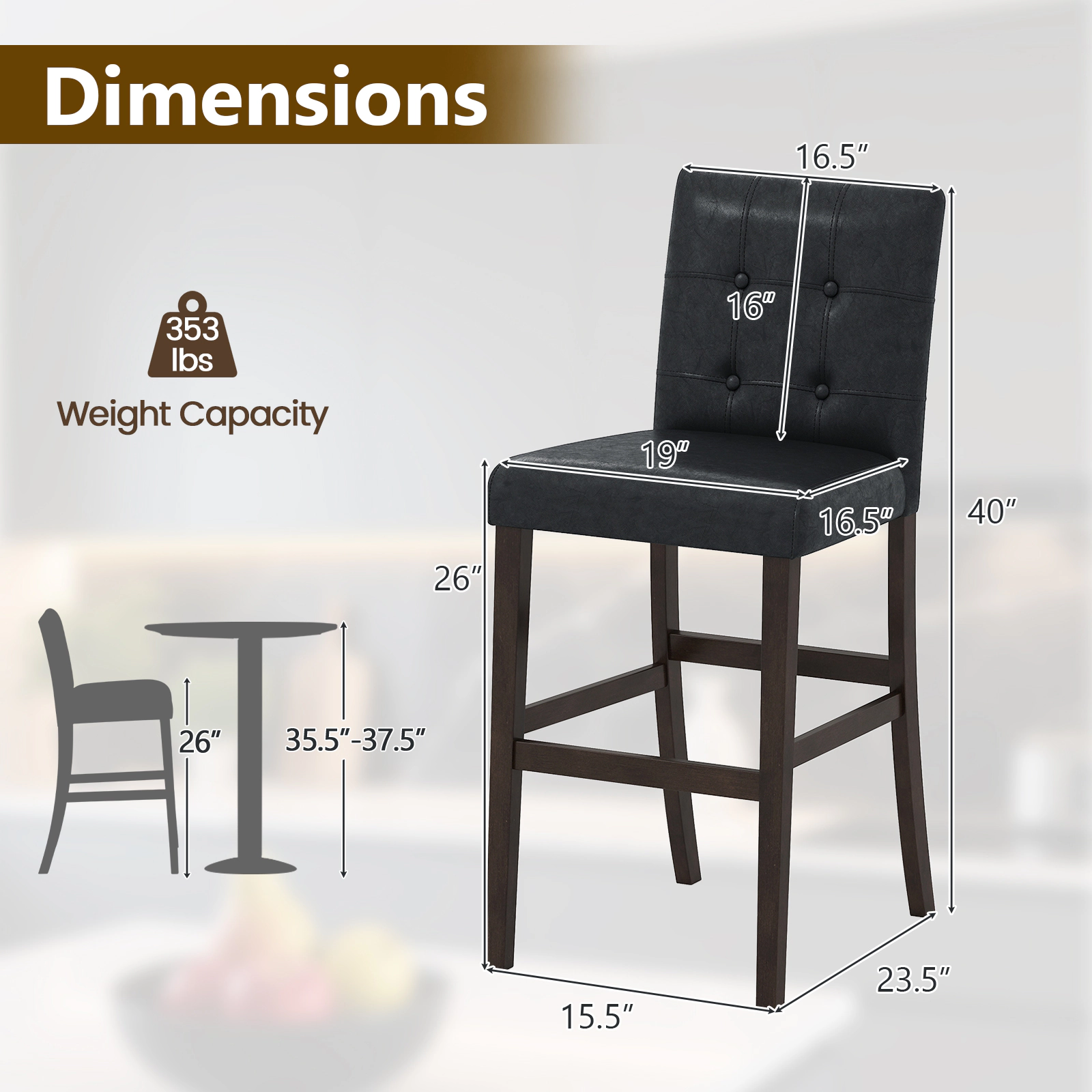 SUGIFT Set of 2 PVC Leather Bar Stools with Solid Wood Legs 243-lb Capacity Black