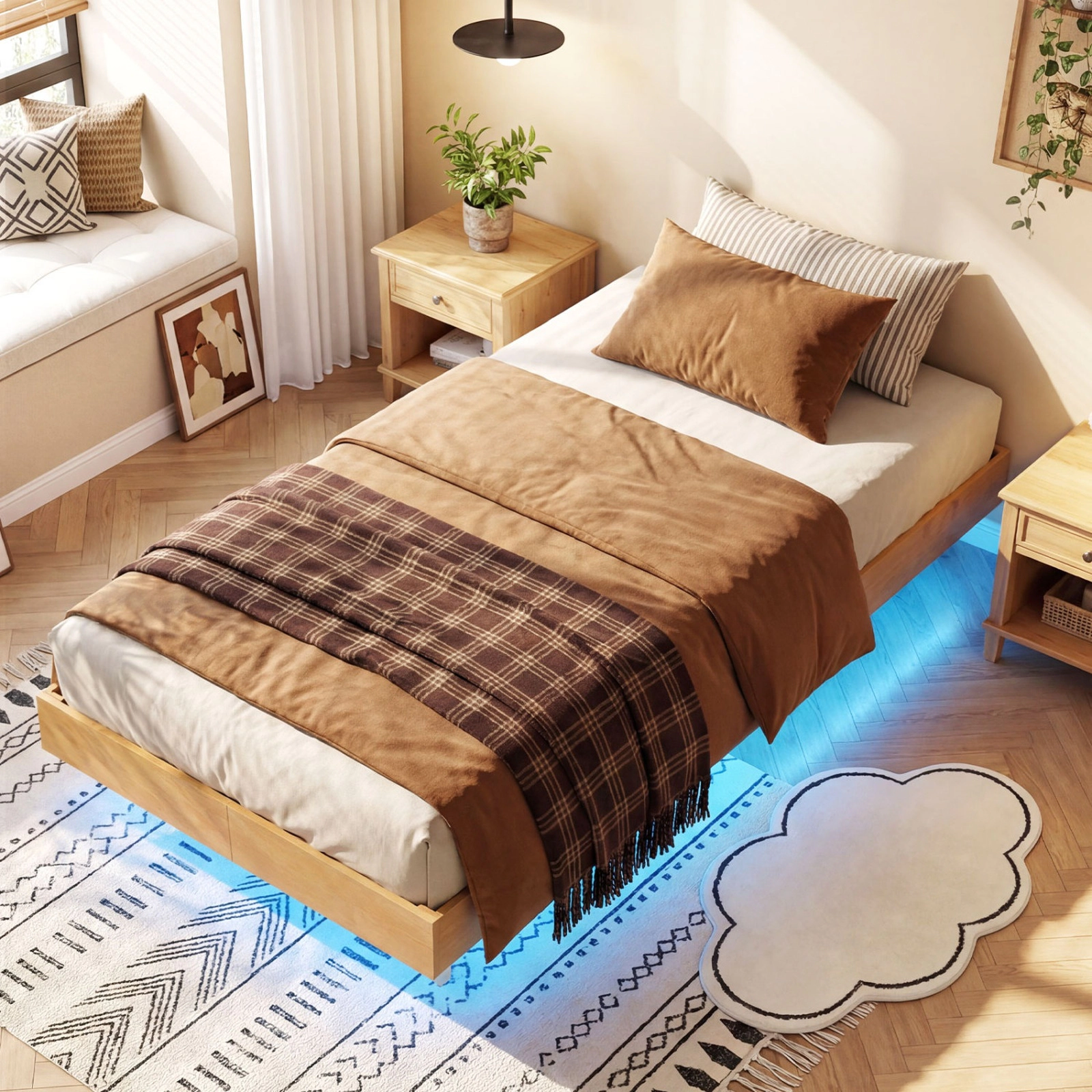 SUGIFT Floating Twin Bed Frame with RGB LED Lights 570-lb Capacity Natural