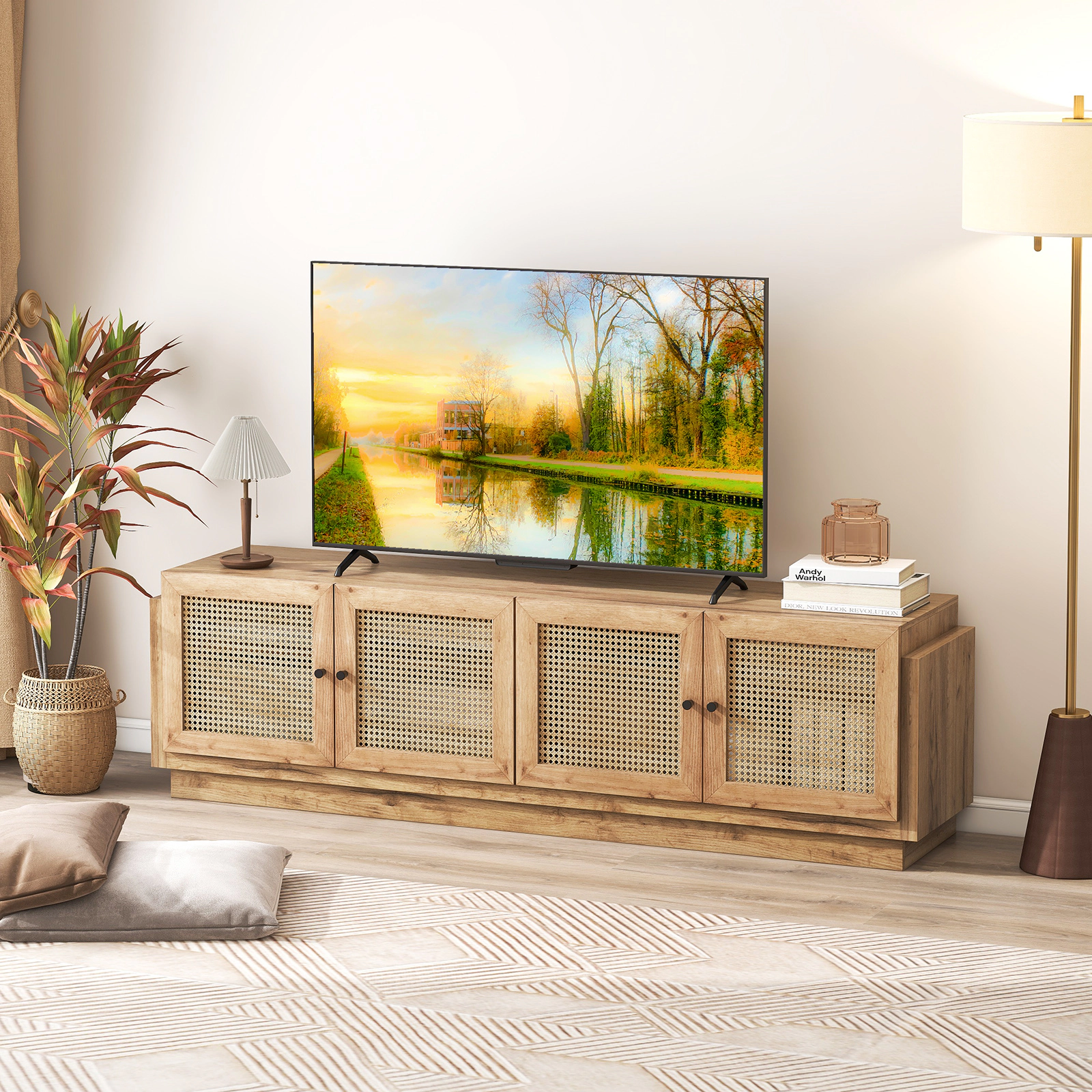 SUGIFT Farmhouse TV Stand with PE Rattan Doors for TVs up to 75 Inches 220-lb Tabletop Capacity Oak