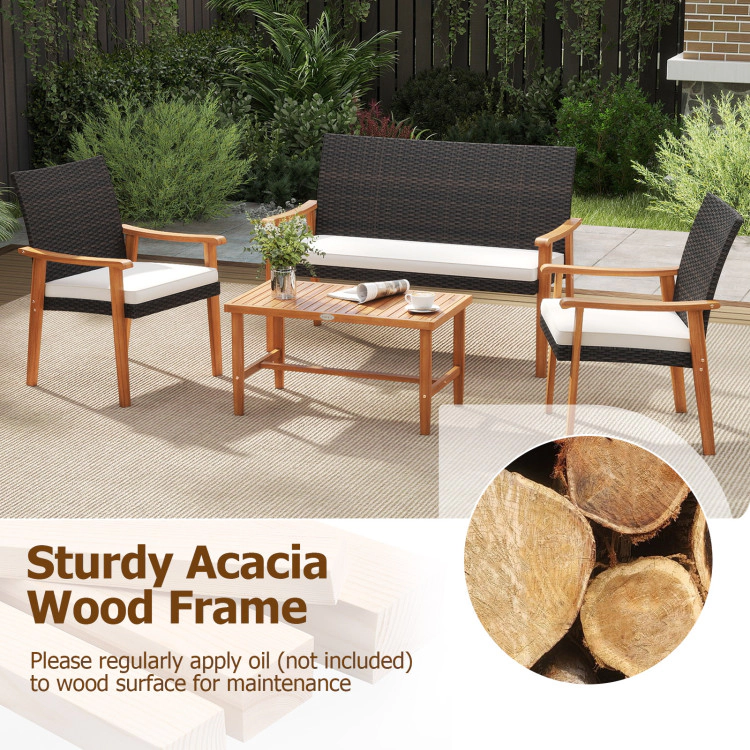 Hivvago 4 Piece Patio Furniture Set Pe Rattan Porch Chairs With Acacia Wood Coffee Table And Soft Cushions