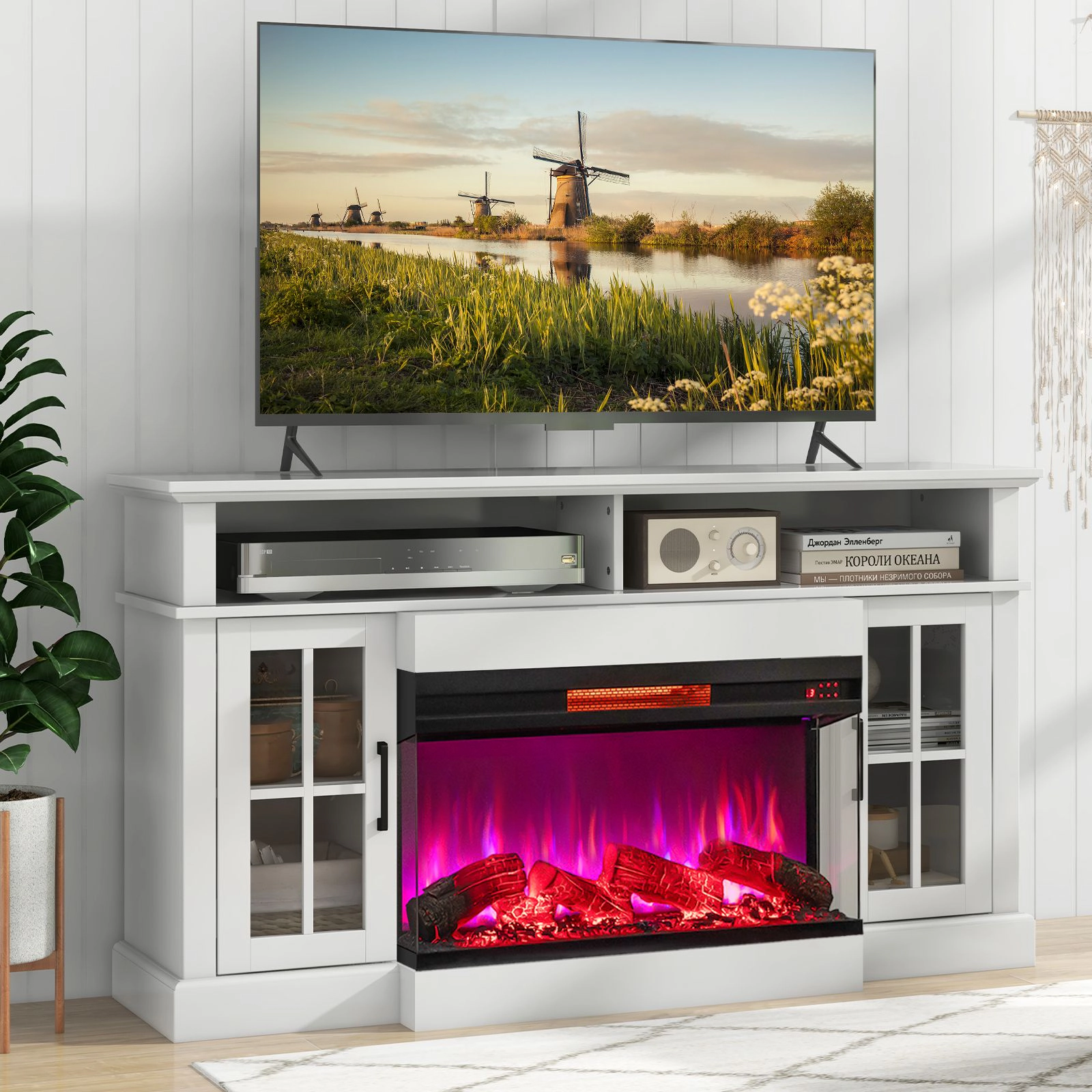 SlickBlue Black Tempered Glass Electric Fireplace, 1500W, 5118 BTU, 8 Flame Modes, 3-Sided View