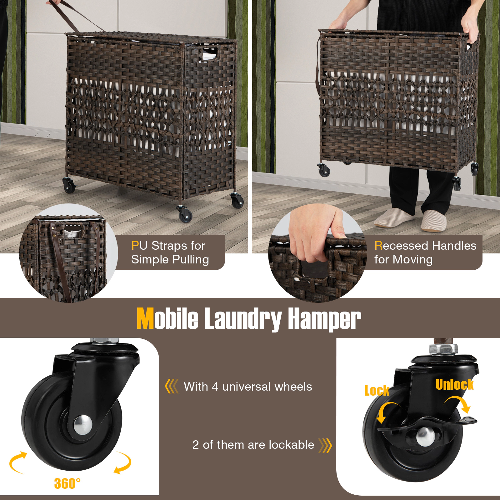SUGIFT 110L 2-Section Laundry Hamper 2 Removable Washable Liner Bags 66-lb Capacity 25.5-in Tall Brown/Black/Natural