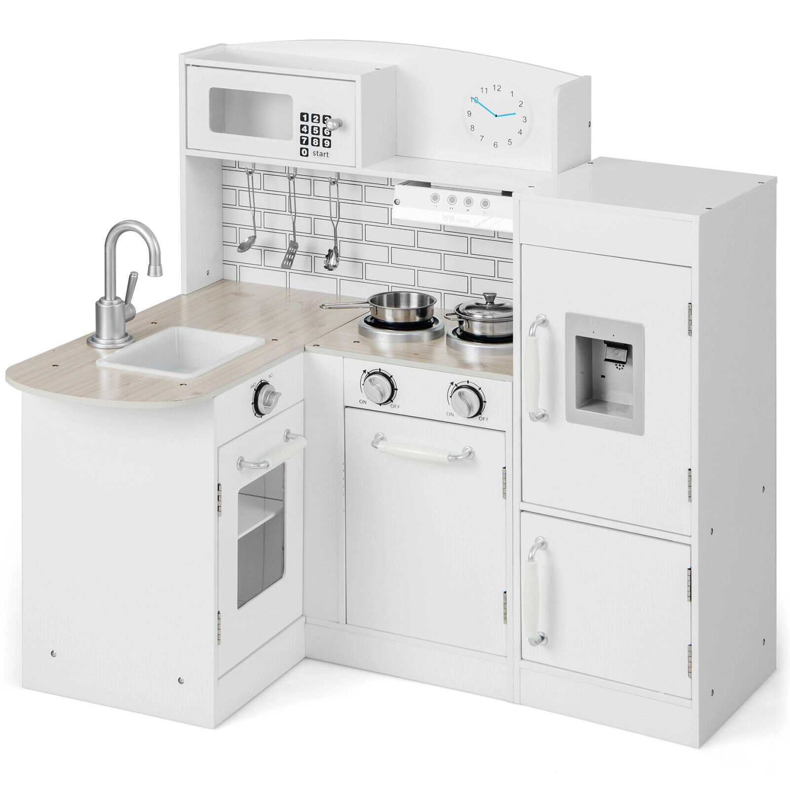 SUGIFT White Microwave Oven Stove and Side Refrigerator Kids Corner Kitchen Playset