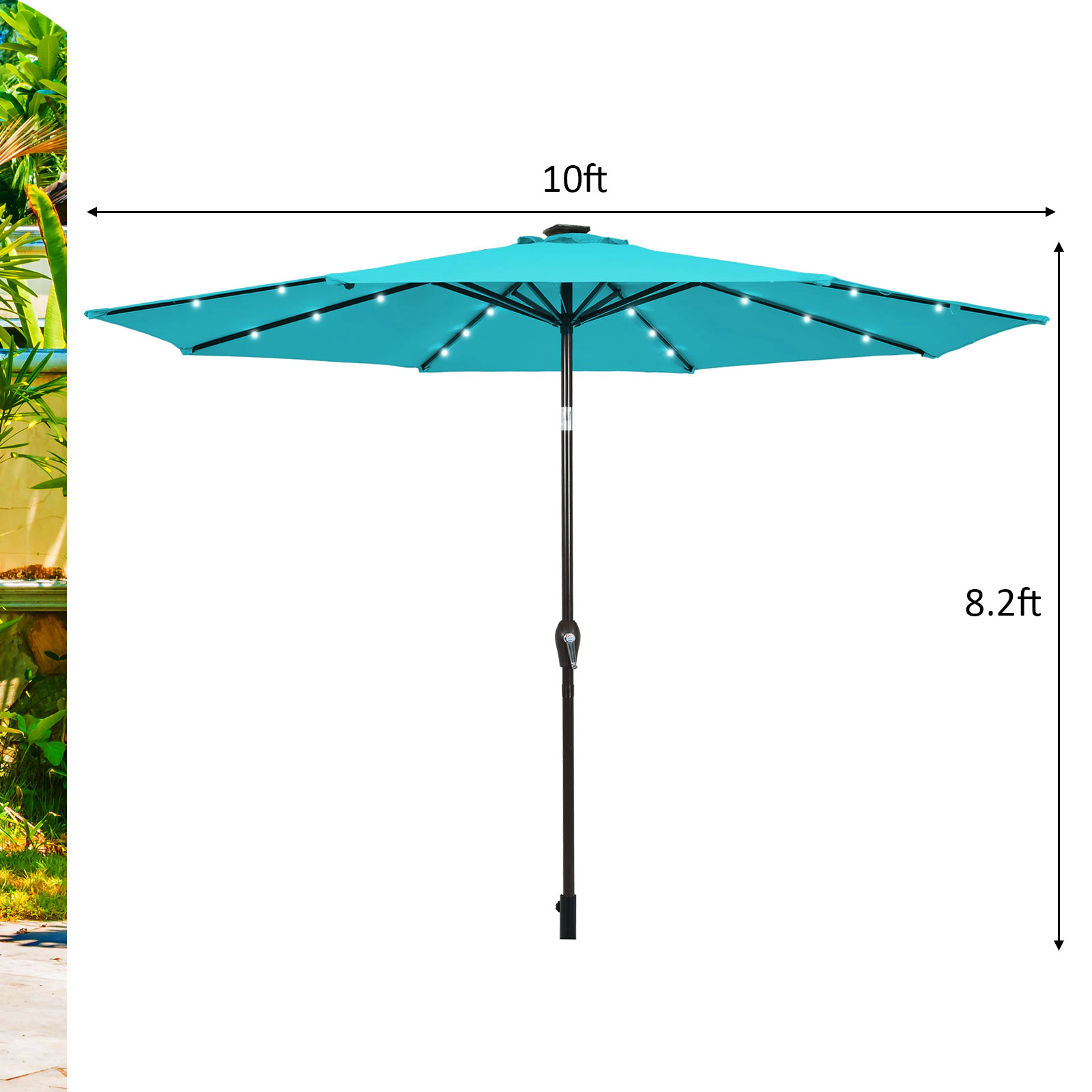 SUGIFT 10-Ft Outdoor Patio Umbrella 24 Solar LED Lights Crank Lift & Push Button Tilt 10-ft Canopy Diameter Turquoise
