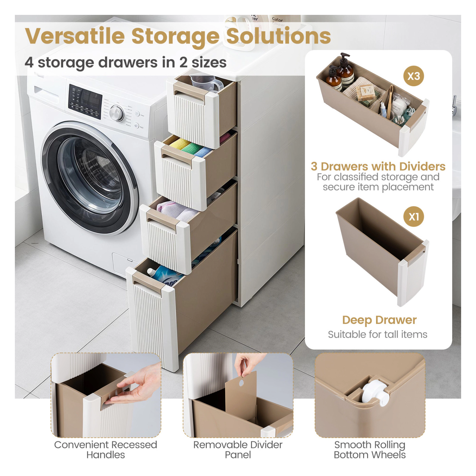 Glintex 4-Drawer Narrow Rolling Cart with Deep Bottom Drawer and Anti-Tip Kit, Beige