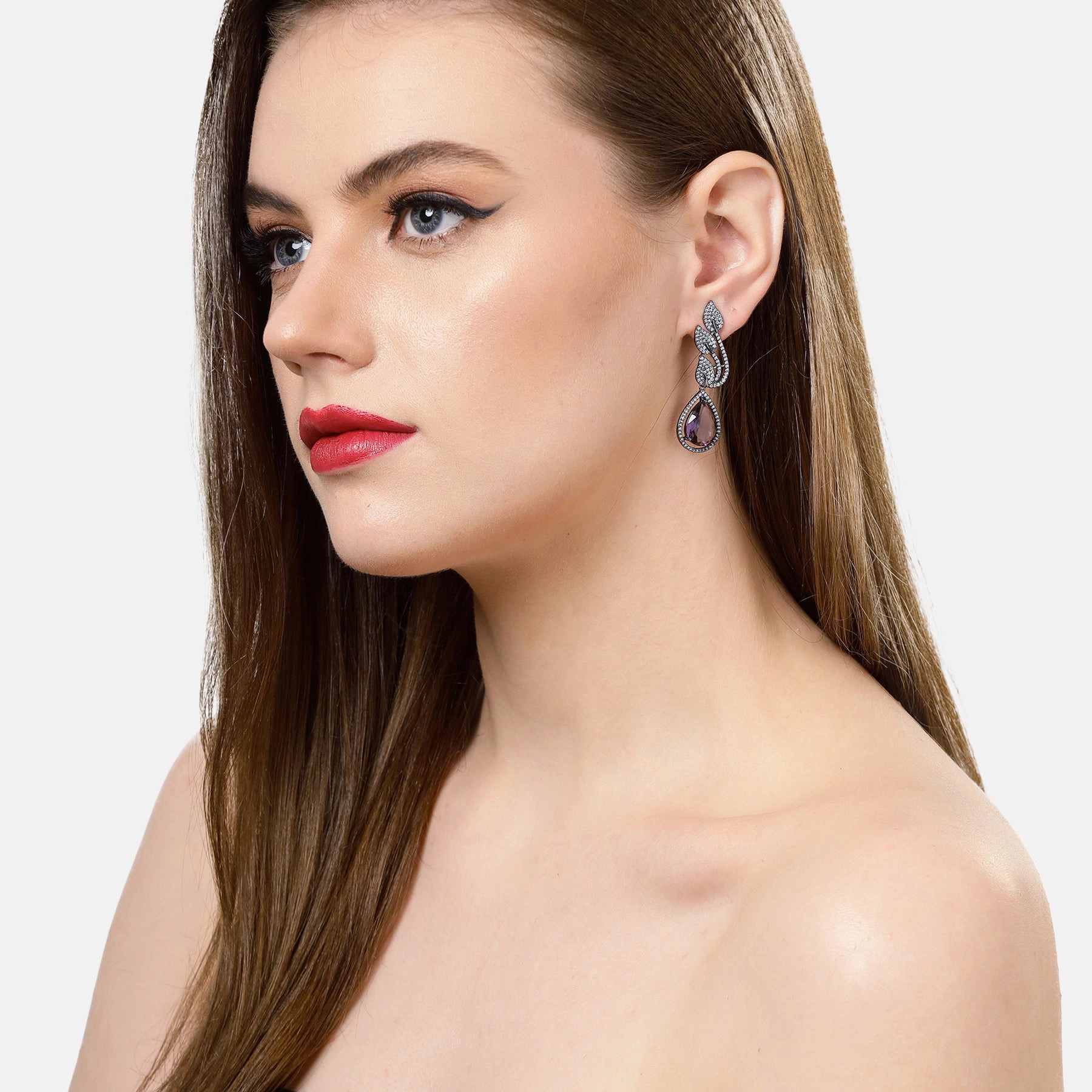 AGP PARIS Womens Contemporary Leaf-Shaped Purple Drop Earrings