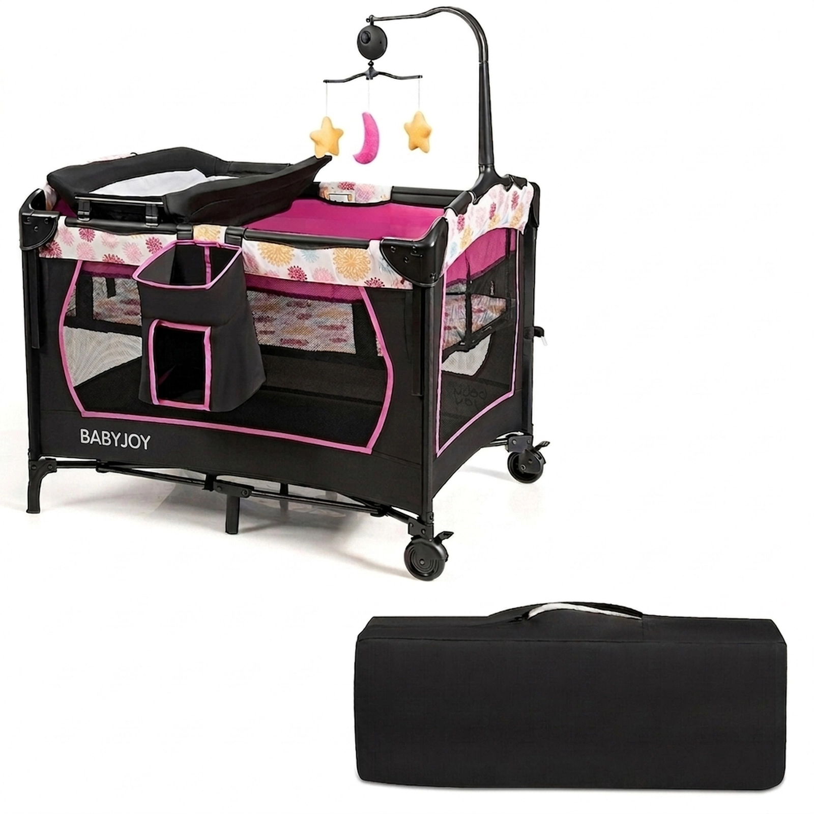 SUGIFT Baby 3-in-1 Bedside Bassinet Diaper Table Locking Wheels Playard 40-in x 28.5-in x 31.5-in 33-lb Capacity Pink