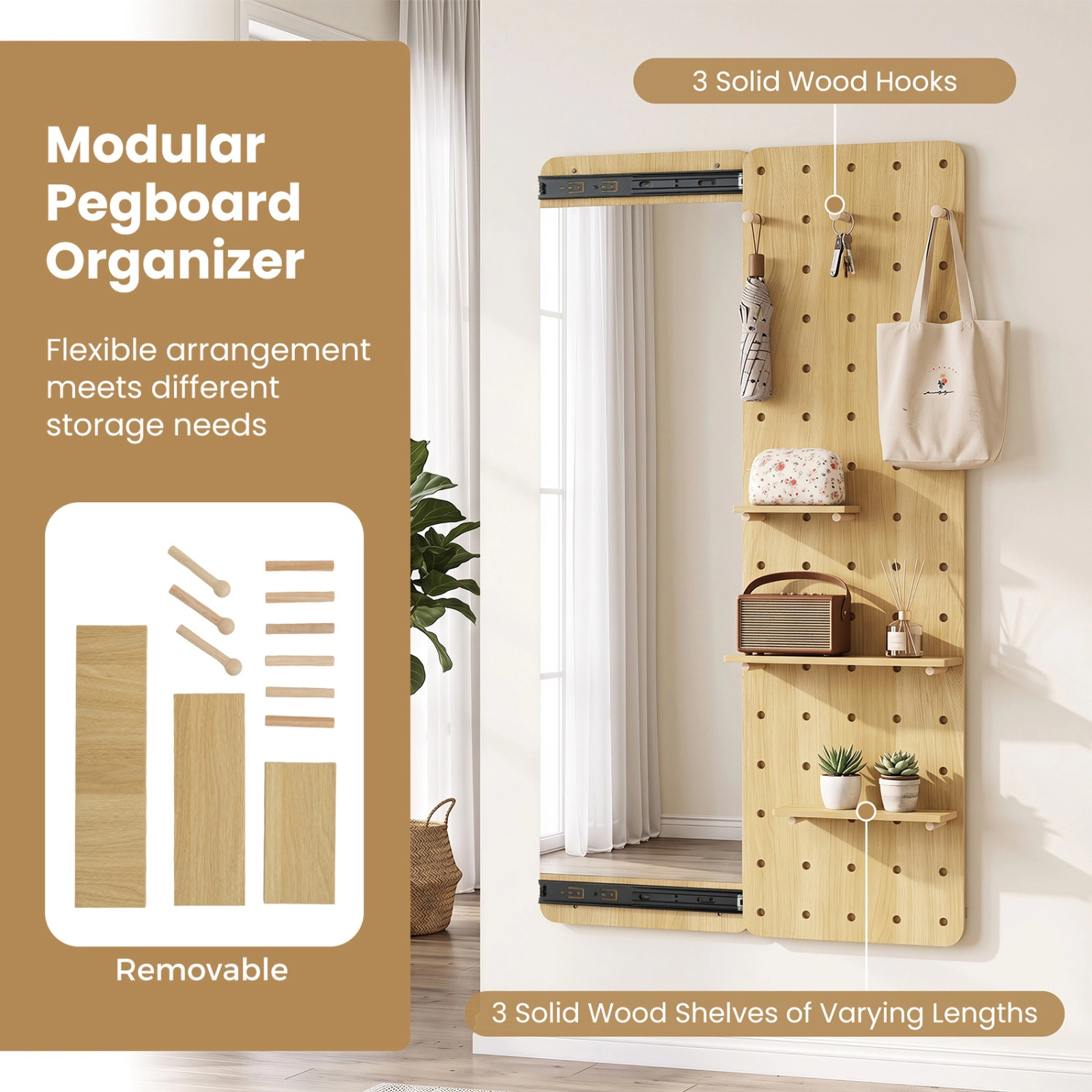 SUGIFT Solid Wood Full Length Mirror Natural with Pegboard Shelves and Hooks