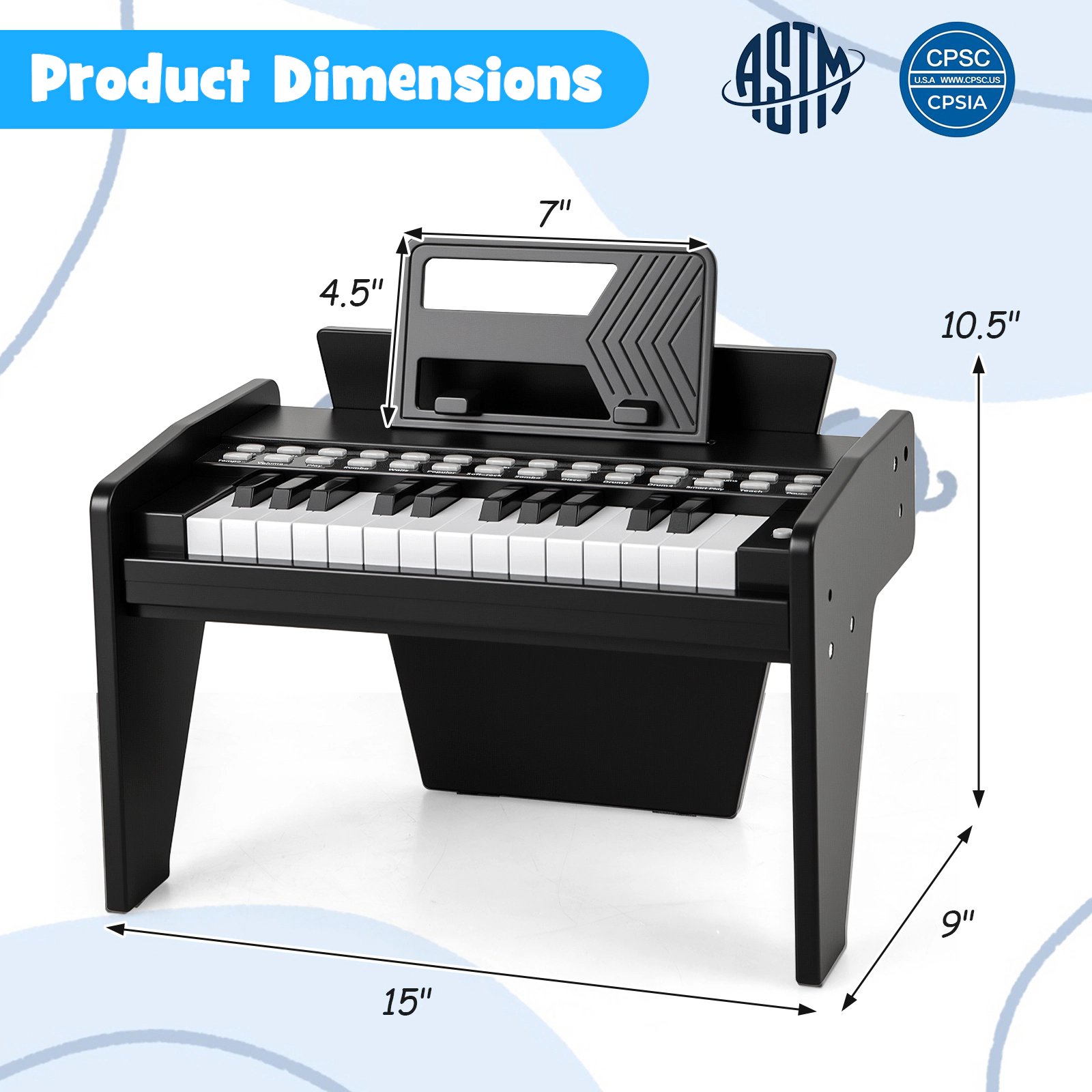 SUGIFT 25-Key Kids Piano Keyboard with Adjustable Speed and Volume Ages 3+ 15-in Wide Black