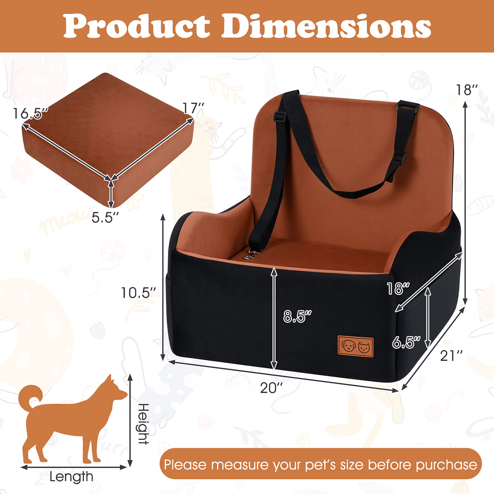 SUGIFT Brown Detachable Dog Booster Car Seat with Safety Leash and Plush Cushion 21-in W 20-in D 18-in H