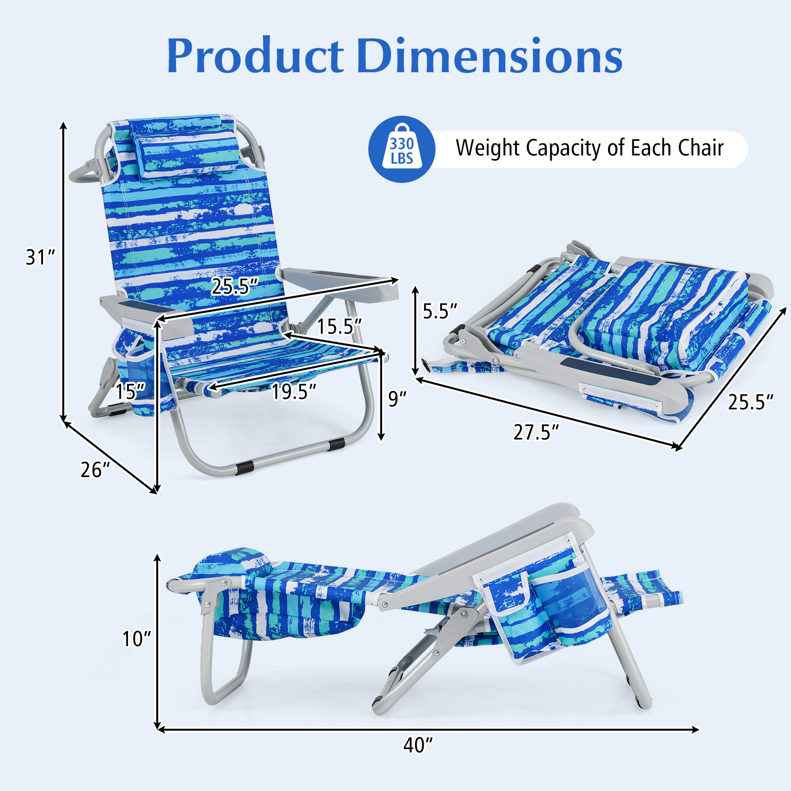 SUGIFT Navy Aluminum Backpack Beach Chair, Folding, 5-Position Recline