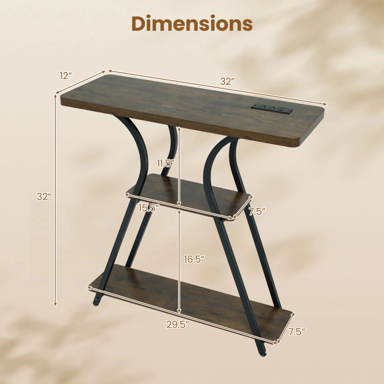 SUGIFT 32-in Narrow 3-Tier Entryway Console Table with Power Outlets and RGB LED Lights 88-lb Capacity Rustic Brown