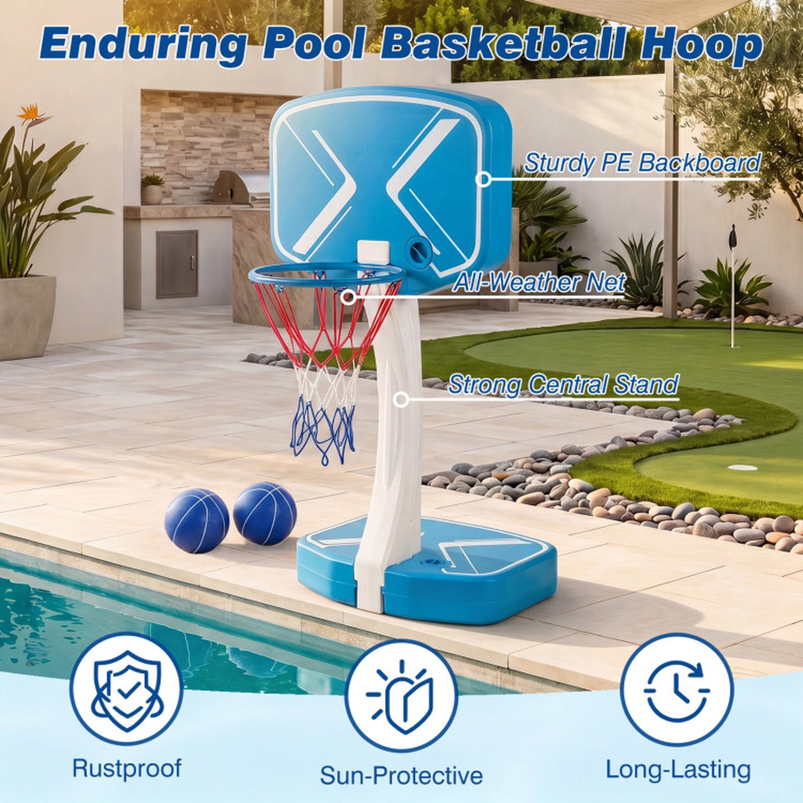 SUGIFT 2-in-1 Pool Basketball Hoop and Volleyball Net Set with Weighted Base 3 Balls and Air Pump