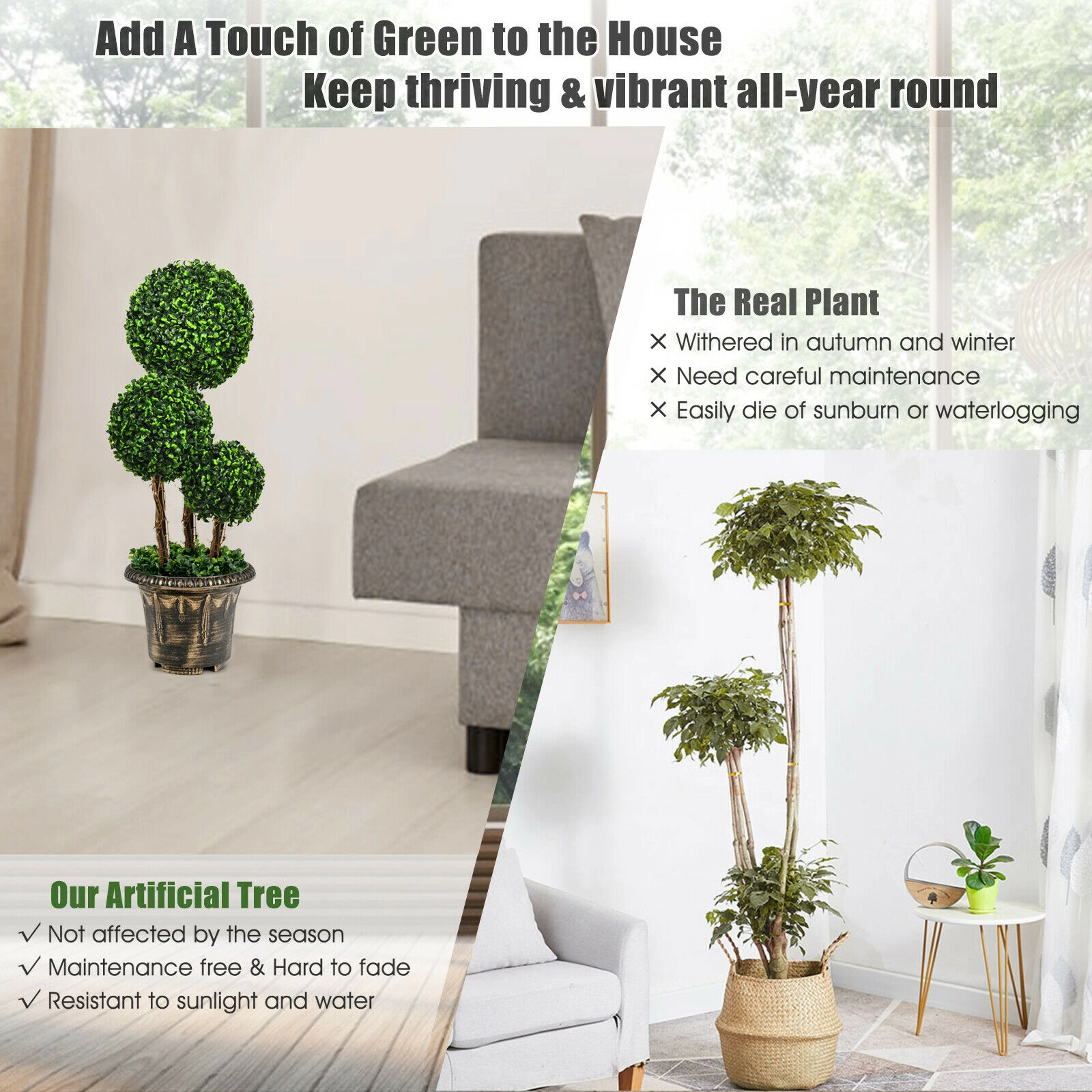 SUGIFT 3-Ball UV Resistant Wood Rattan Trunk Artificial Boxwood Topiary Tree 30-in Tall 10-in Pot 9.5-lb Green