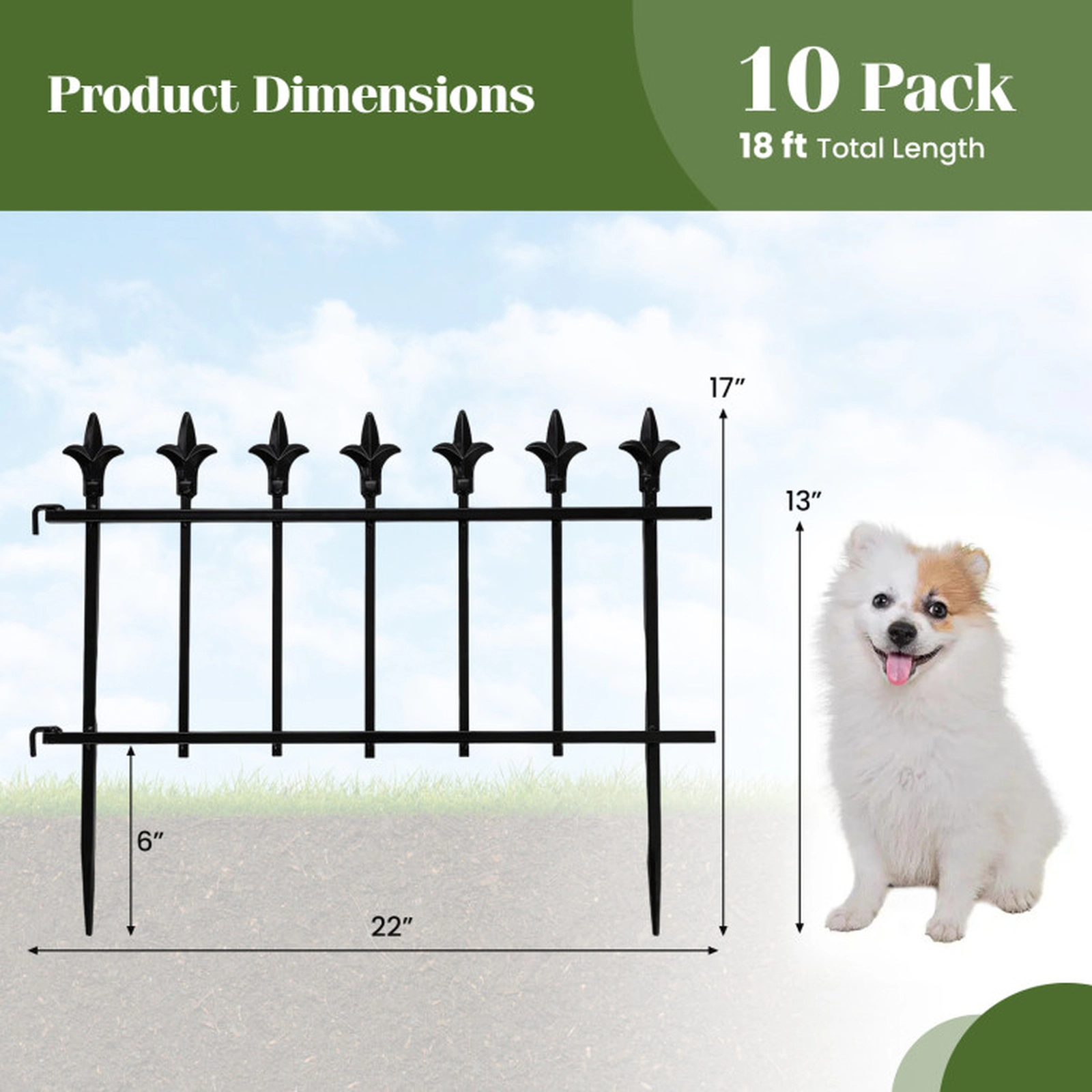 SUGIFT 10-Pack Black Metal No Dig Garden Border Fence with Decorative Finials 22-in W 17-in H 18-ft Total