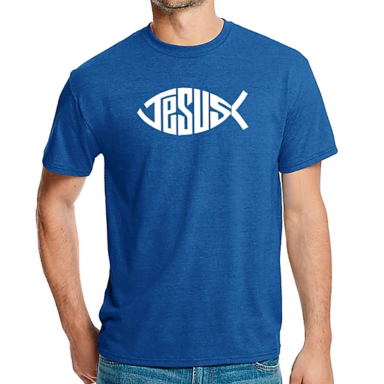 LA Pop Art Men's Cotton/Poly Blend Word Art T-Shirt - Christian Jesus Fish (Ichthys) Design