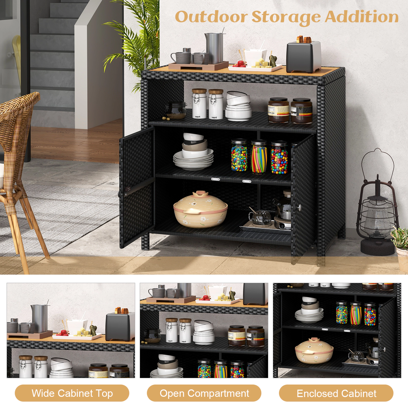Glintex 35.5-Inch Outdoor Rattan Cabinet with Acacia Wood Countertop, Black + Natural