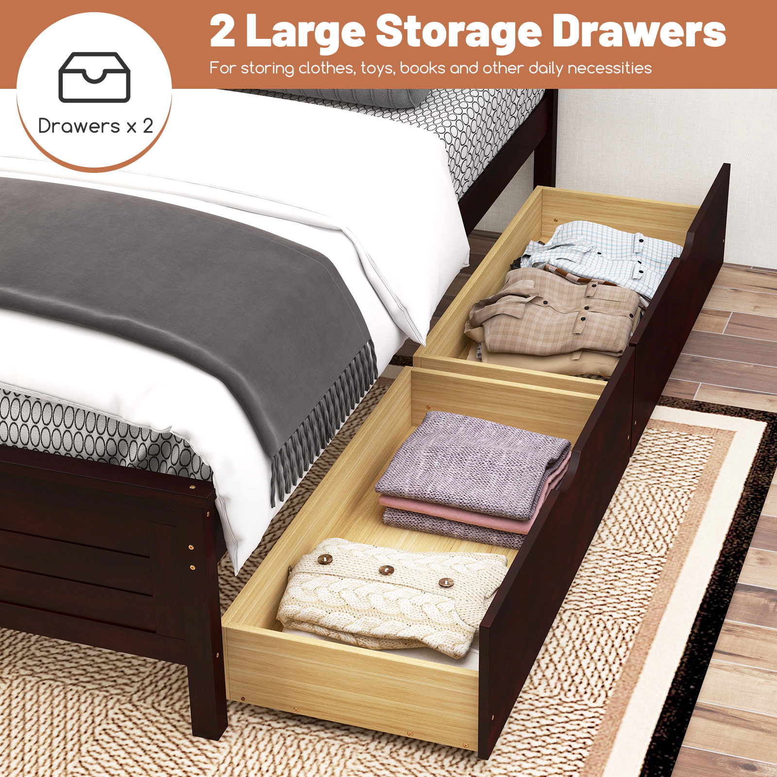 SUGIFT Twin Size Bed Frame with 2 Storage Drawers 350-lb Capacity 43-in Wide Pine Wood Frame Espresso