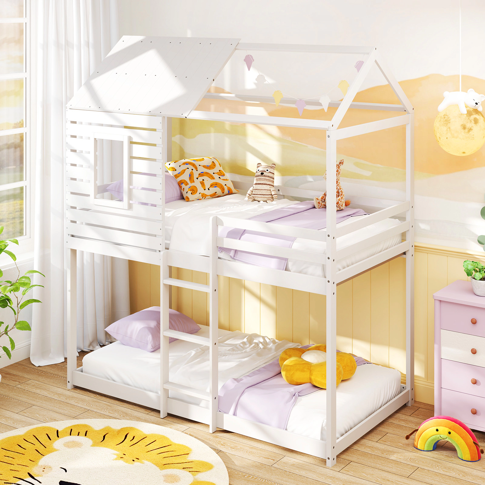 SUGIFT Twin-Over-Twin House Bunk Bed, Solid Pine Wood, Roof, Front Window, White