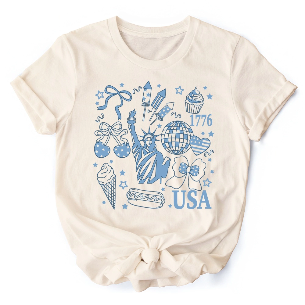 OrnamentallyYou Womens USA Liberty Retro Coquette 4th Of July T-Shirt