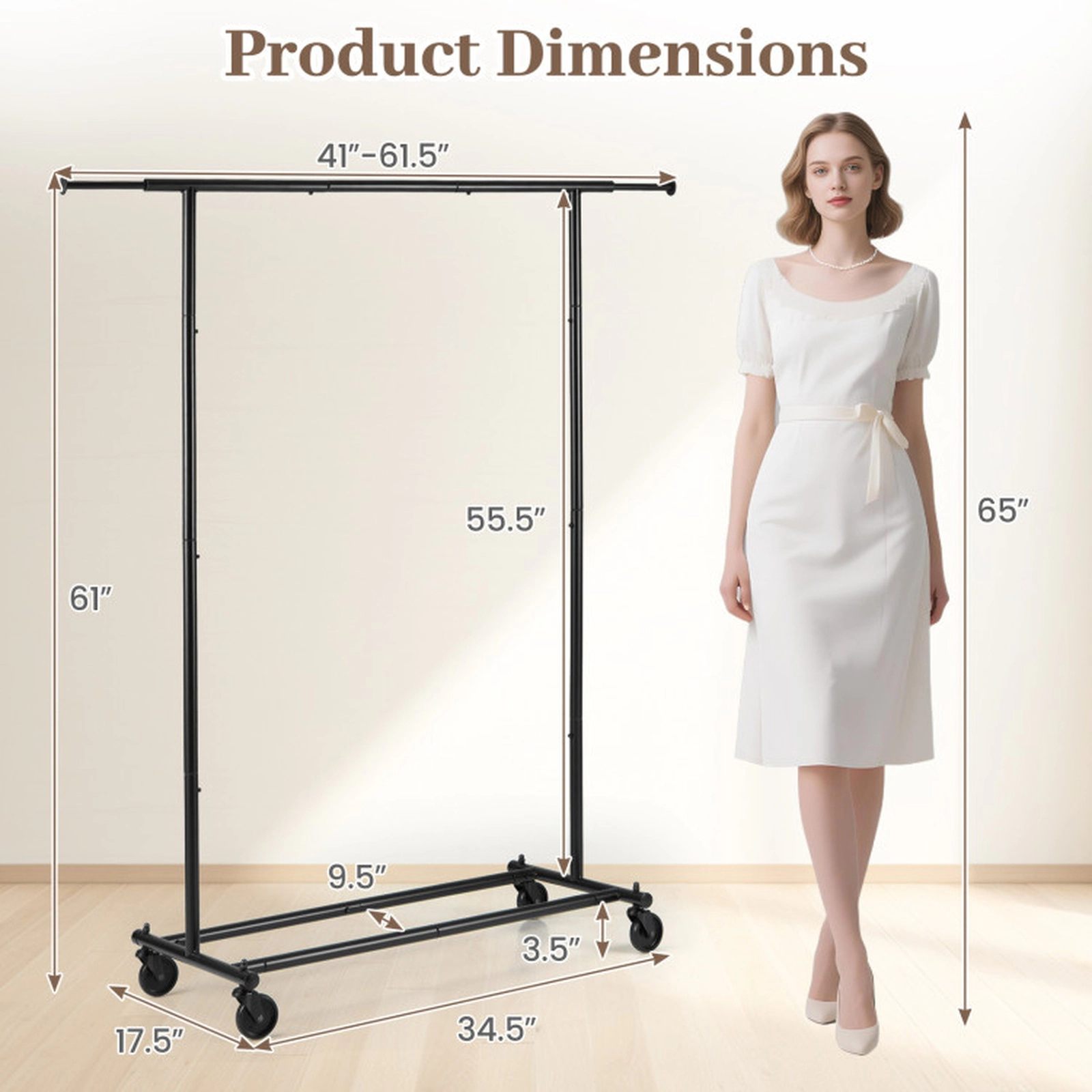 SUGIFT 90-lb Rod Capacity 61-in Black Metal Mobile Garment Rack with Extendable Rods and 4 Swivel Casters