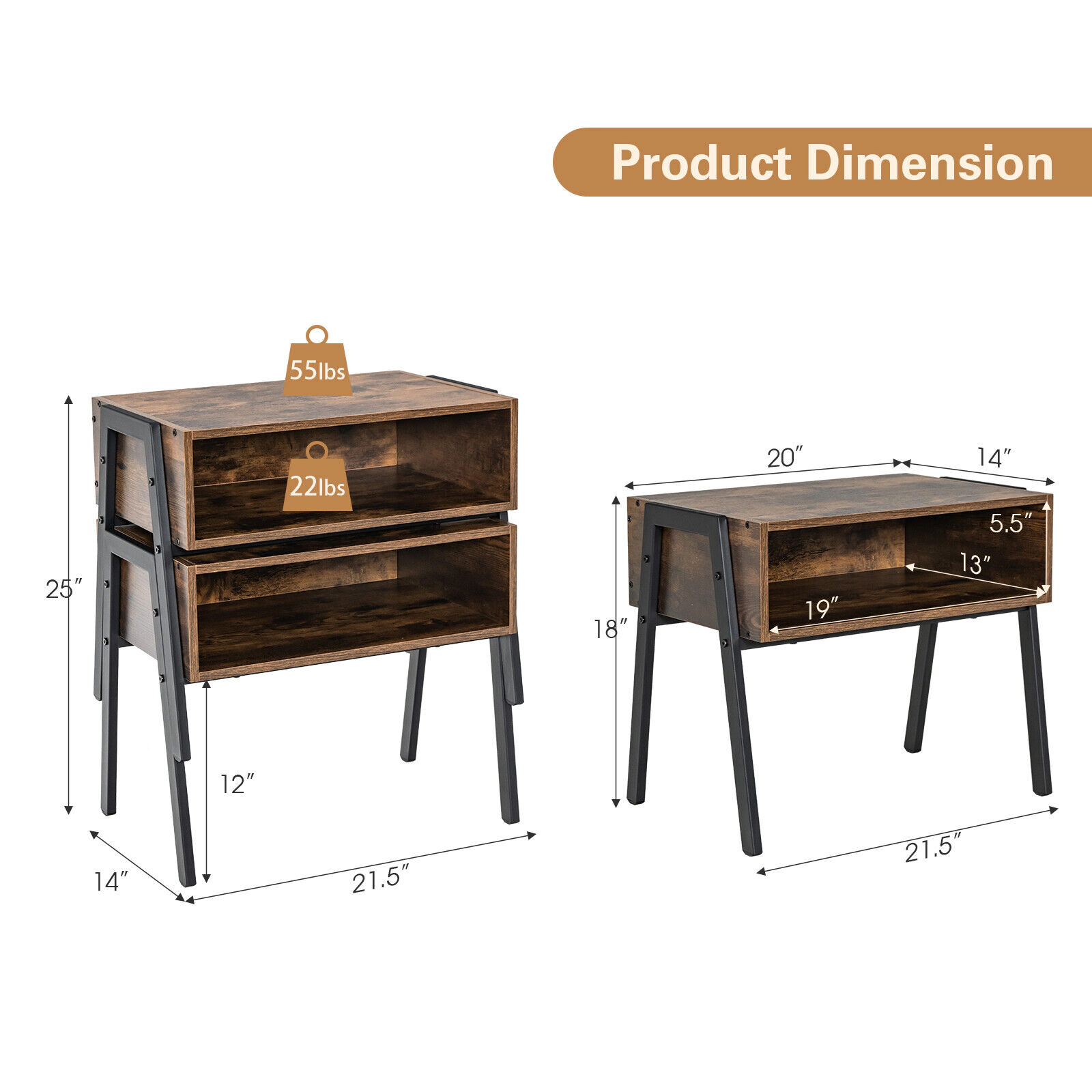 Hivvago Stackable Night Stand Shelf Accent Table with Metal Frame