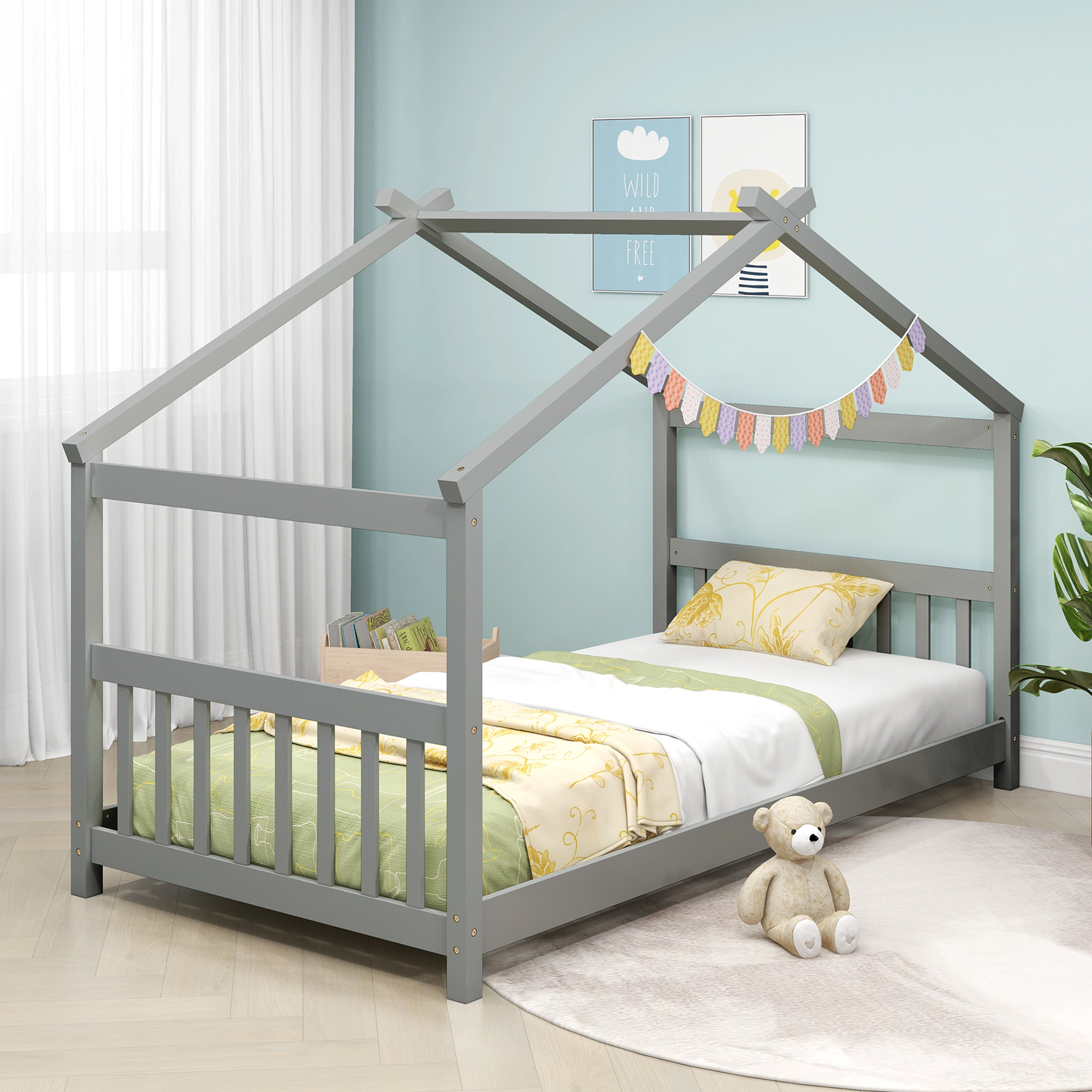 SUGIFT Twin House Bed Frame, Gray Wood Kids Platform Bed with Roof, Headboard, Footboard and 8 Slats