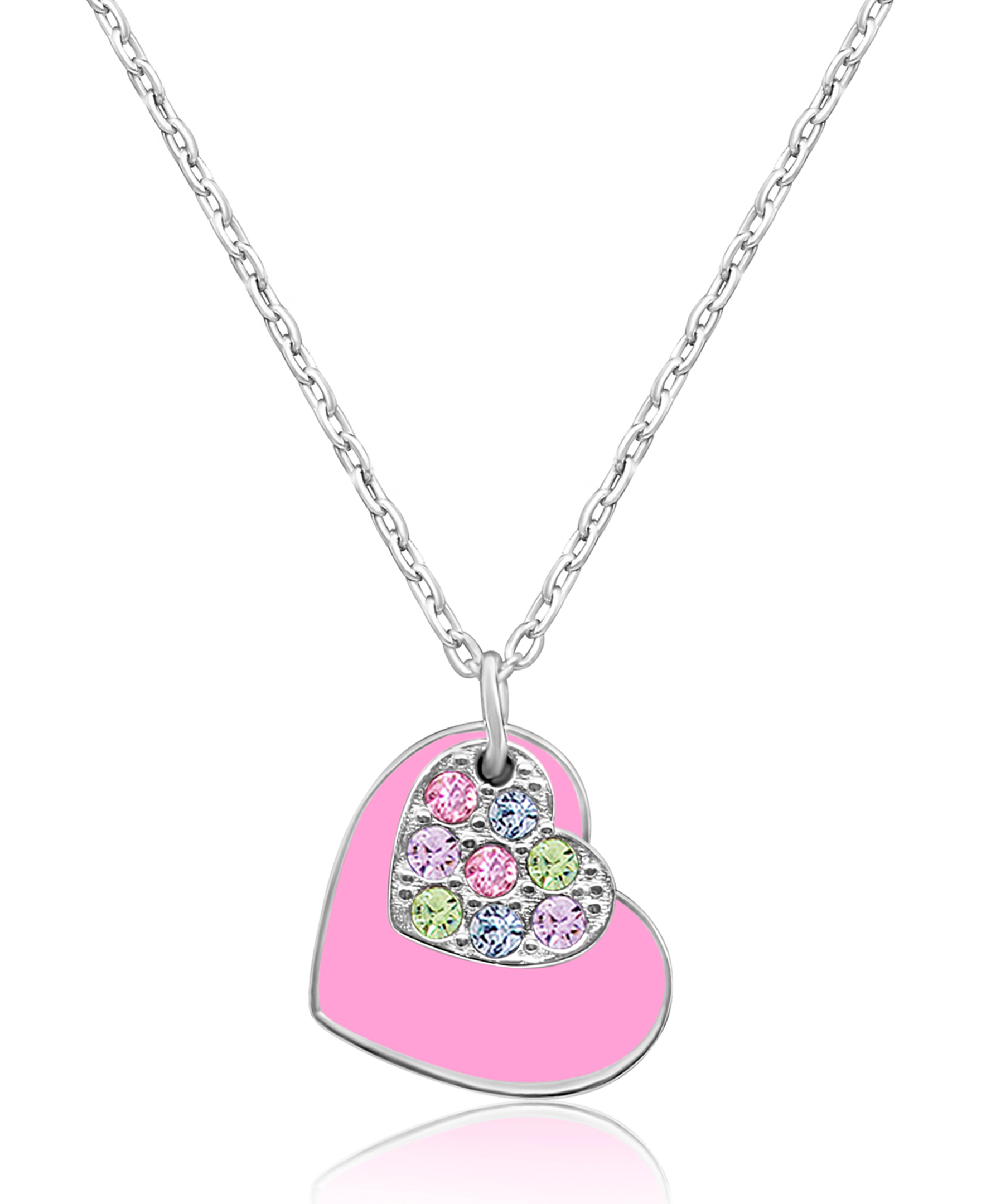 CHANTEUR Kids Heart Pendant Necklace with Pink Crystal, White Gold Palladium Plating, 6-inch