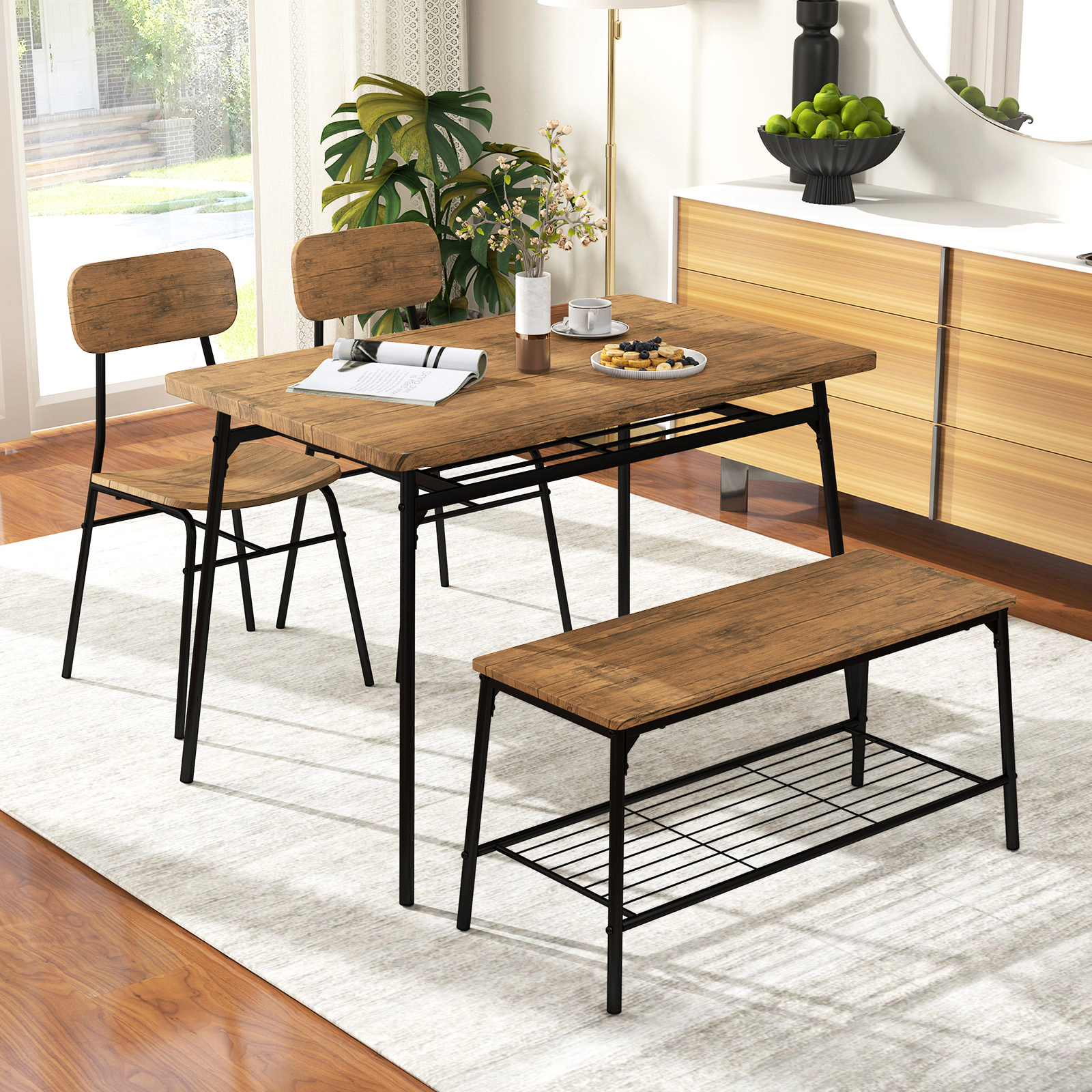 LJG 4 Piece Dining Table Set for 4 Metal Frame with Bench and 2 Chairs