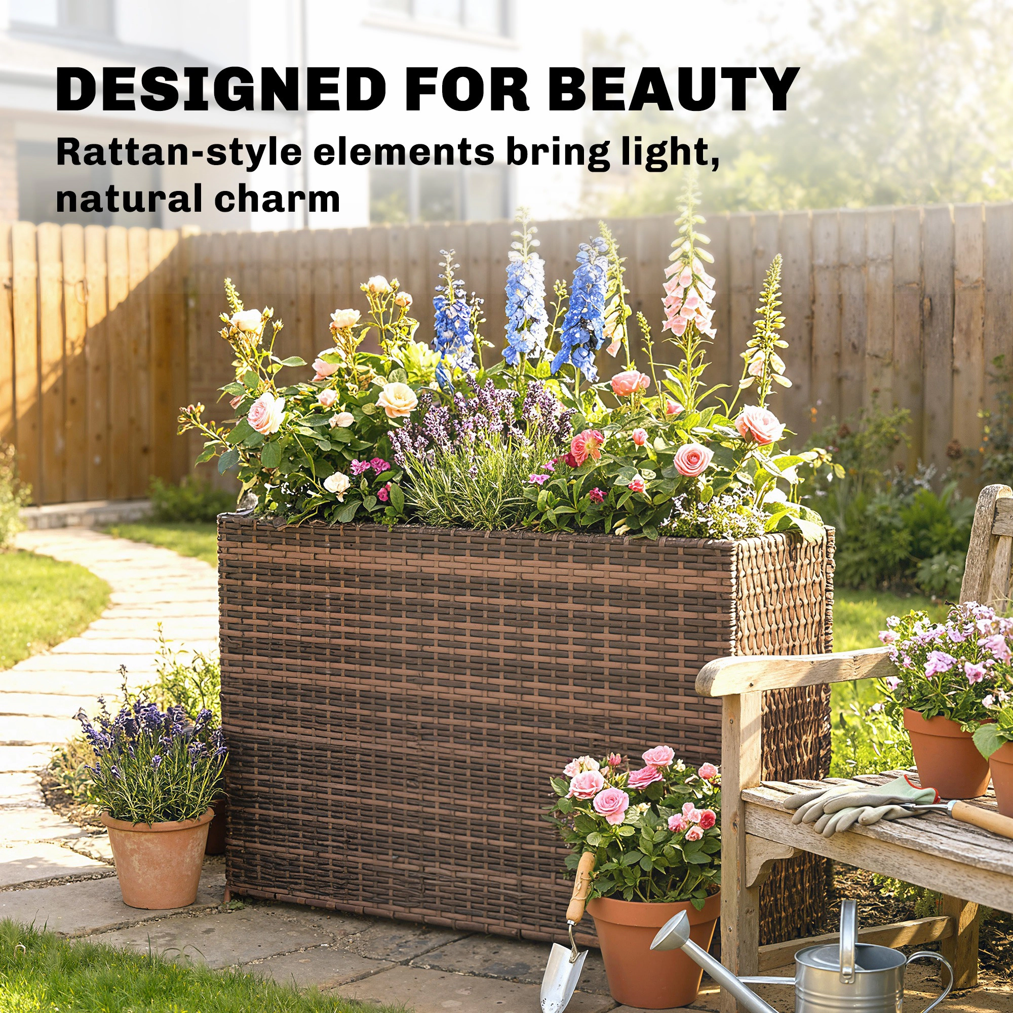 HONGGE Tall Rectangular Planter with Removable Liner Holes PE Wicker Large Box for Indoor Outdoor Plants