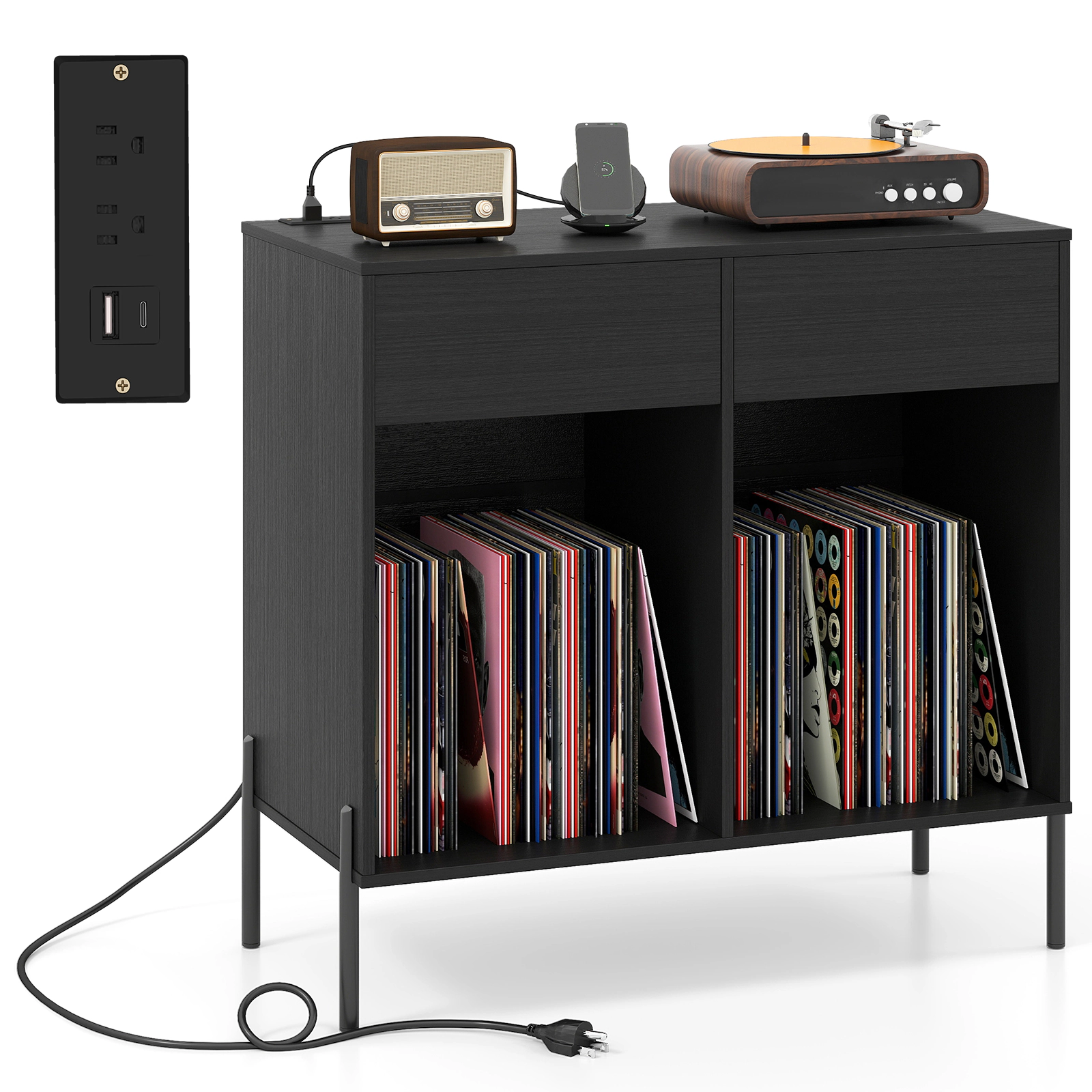 SUGIFT Record Player Stand Power Outlets Double Wide Turntable Stand Vinyl Record Storage Accent Cabinet 220-lb Capacity