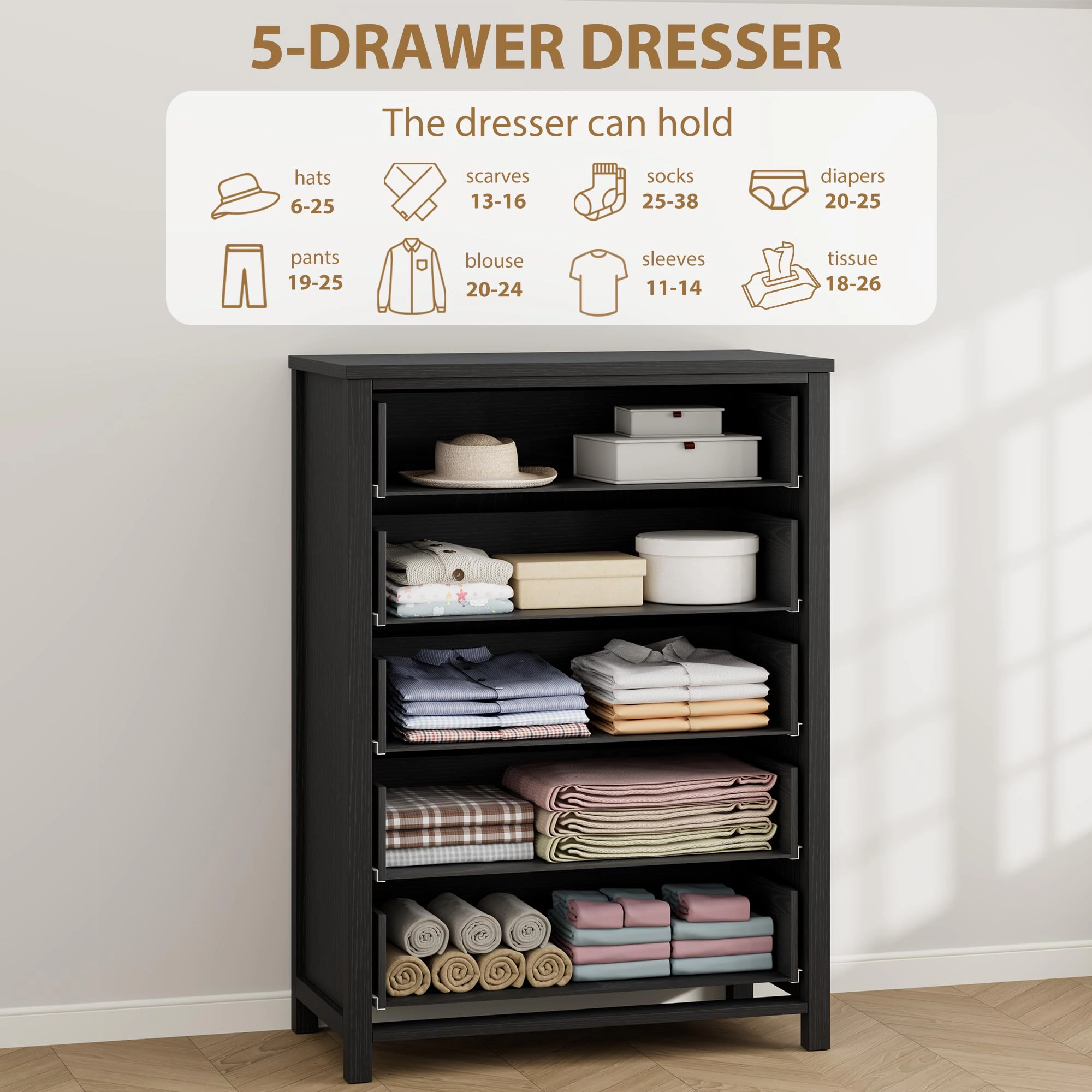 5 Drawer Modern Dresser, 45" Tall Wooden Storage Cabinet & TV Stand for Bedroom Nursery Entryway