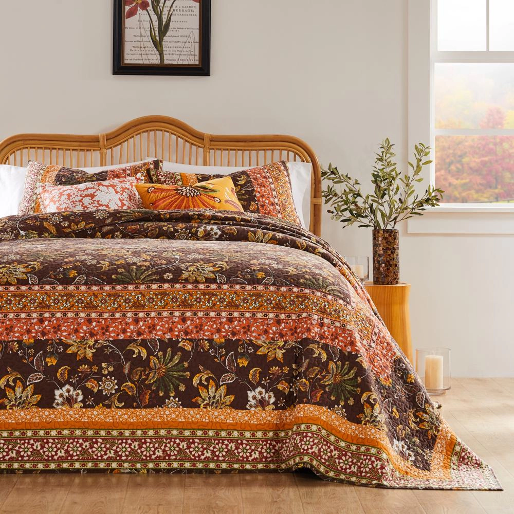 Barefoot Bungalow Audrey Chic Boho Jacean Fern and Floral Prints Bedspread Set 3 PC Two Pillow Shams