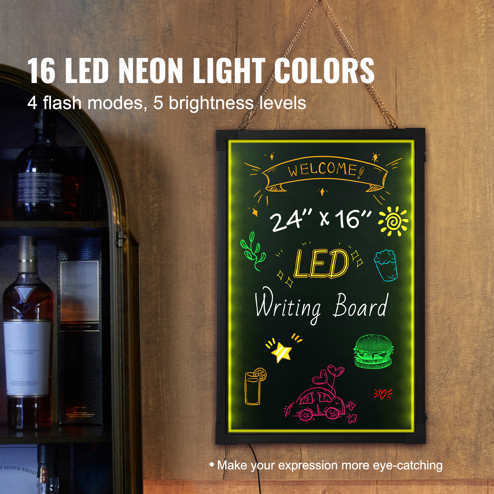 HONGGE LED Message Writing Board, Illuminated Erasable Lighted Chalkboard, Neon Effect Menu Sign Board