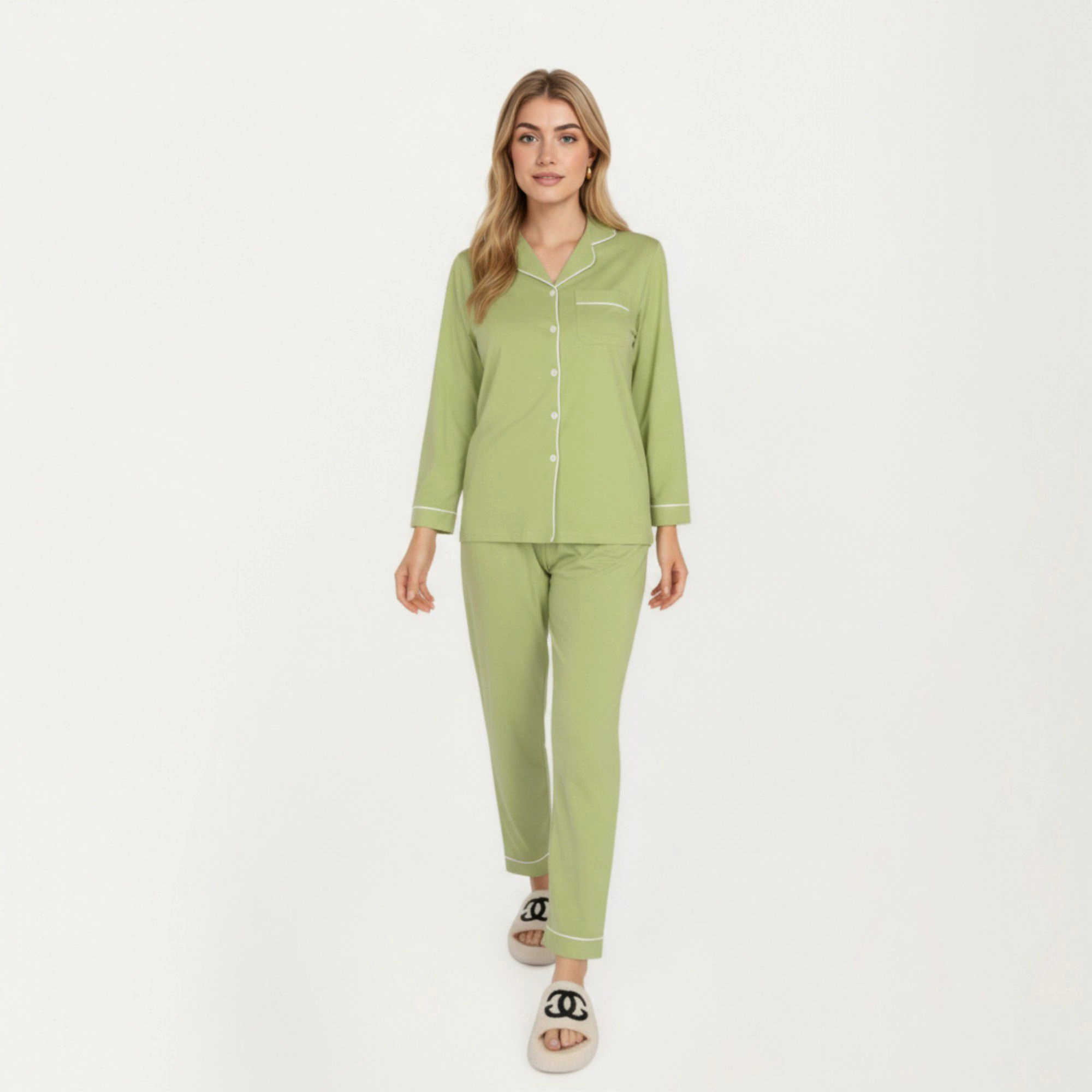 Anna-Kaci Women's 2-Piece Long Sleeve Button Front Top and Matching Relaxed Fit Pants Pajama Set with Contrast Piping