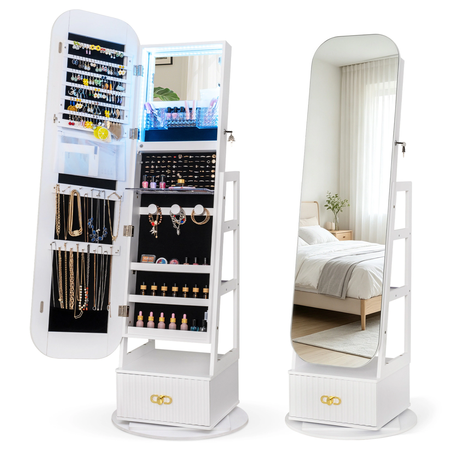 LJG Swivel Jewelry Cabinet with Full-Length Mirror and LED Lights and Storage Shelves