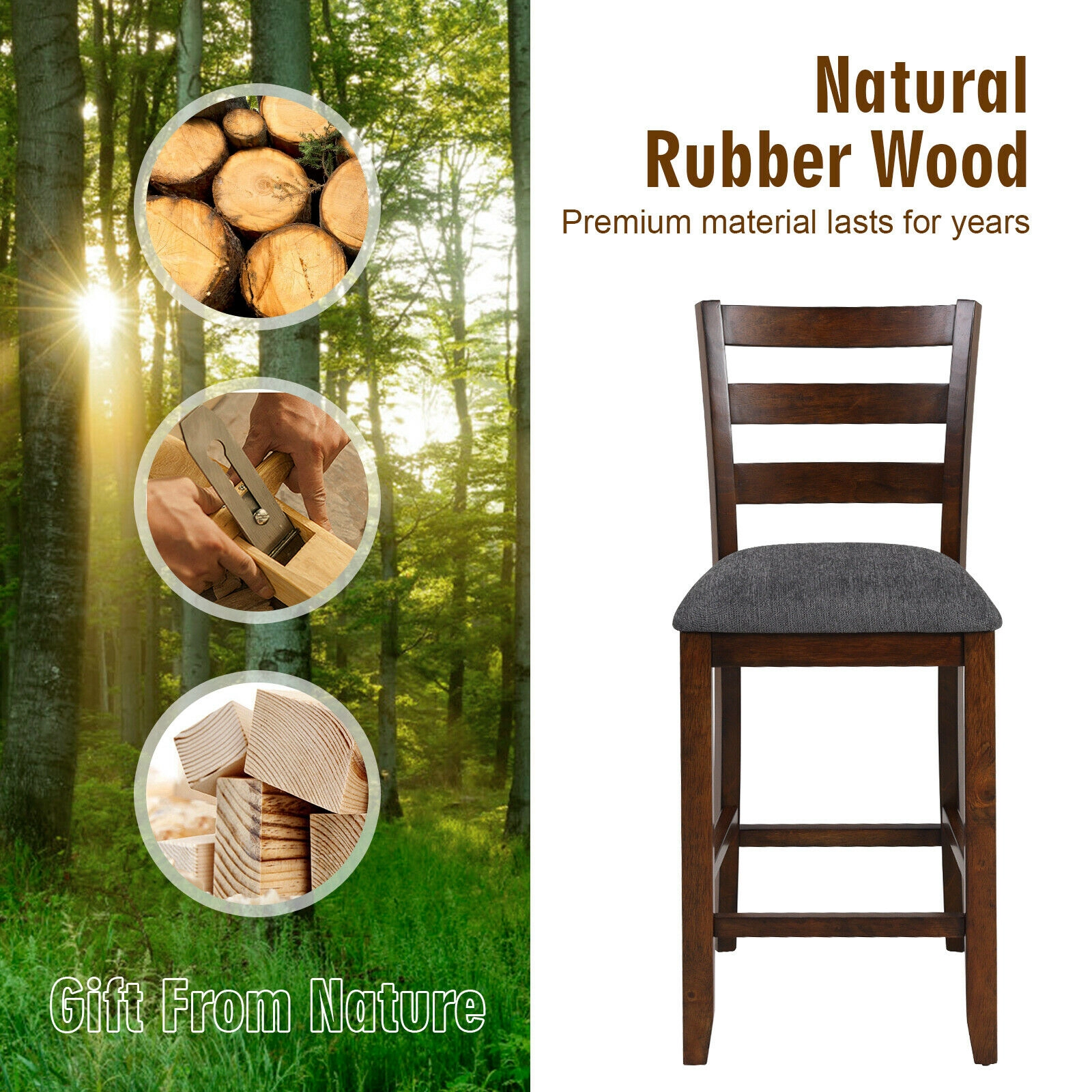 SUGIFT Set of 2 26-in Seat H Fabric Seat and Rubber Wood Legs 330-lb Counter Height Bar Stools Brown