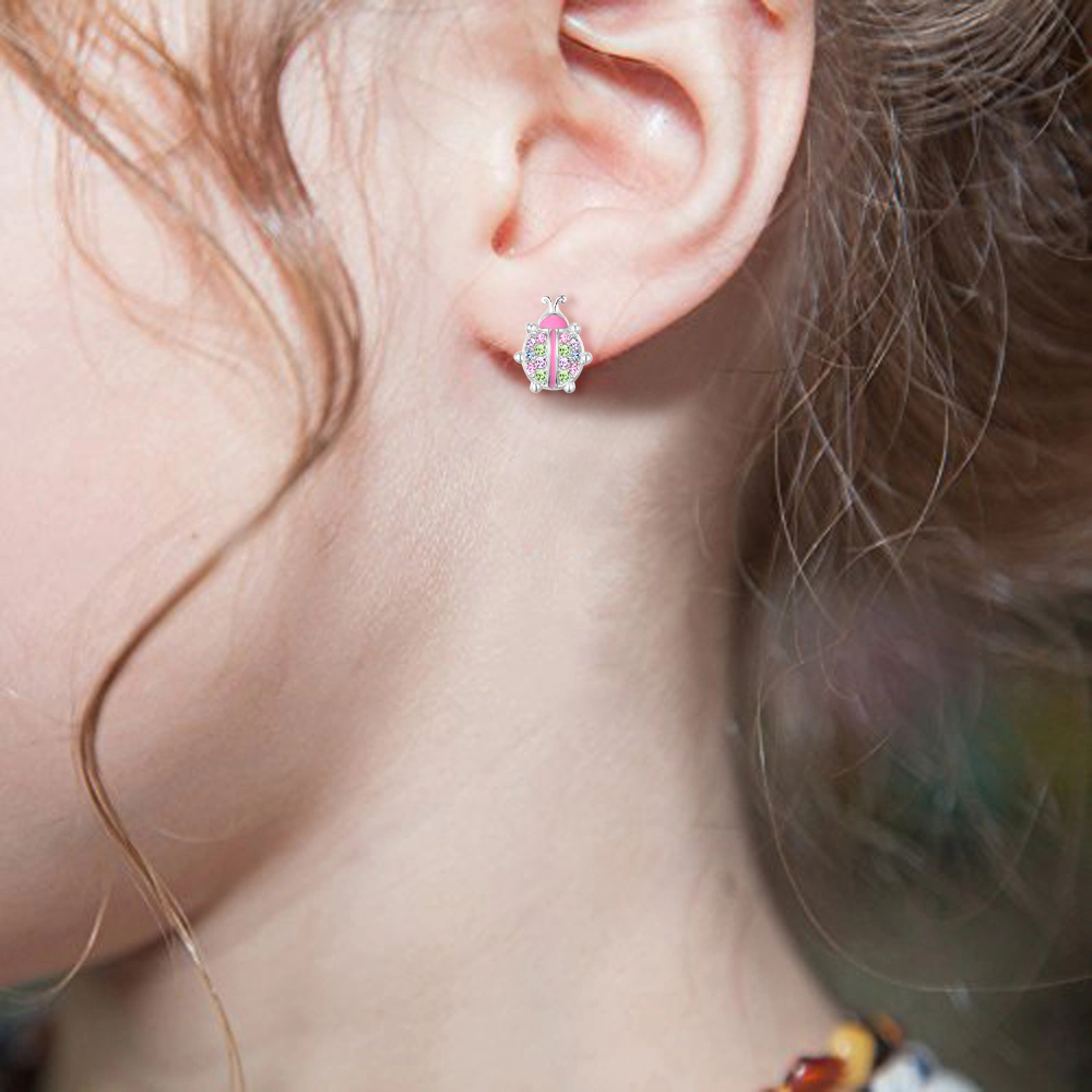 Chanteur Kids Ladybug Crystal Stud Earrings - White Gold Palladium Plating, Screw Back, Surgical Steel Posts
