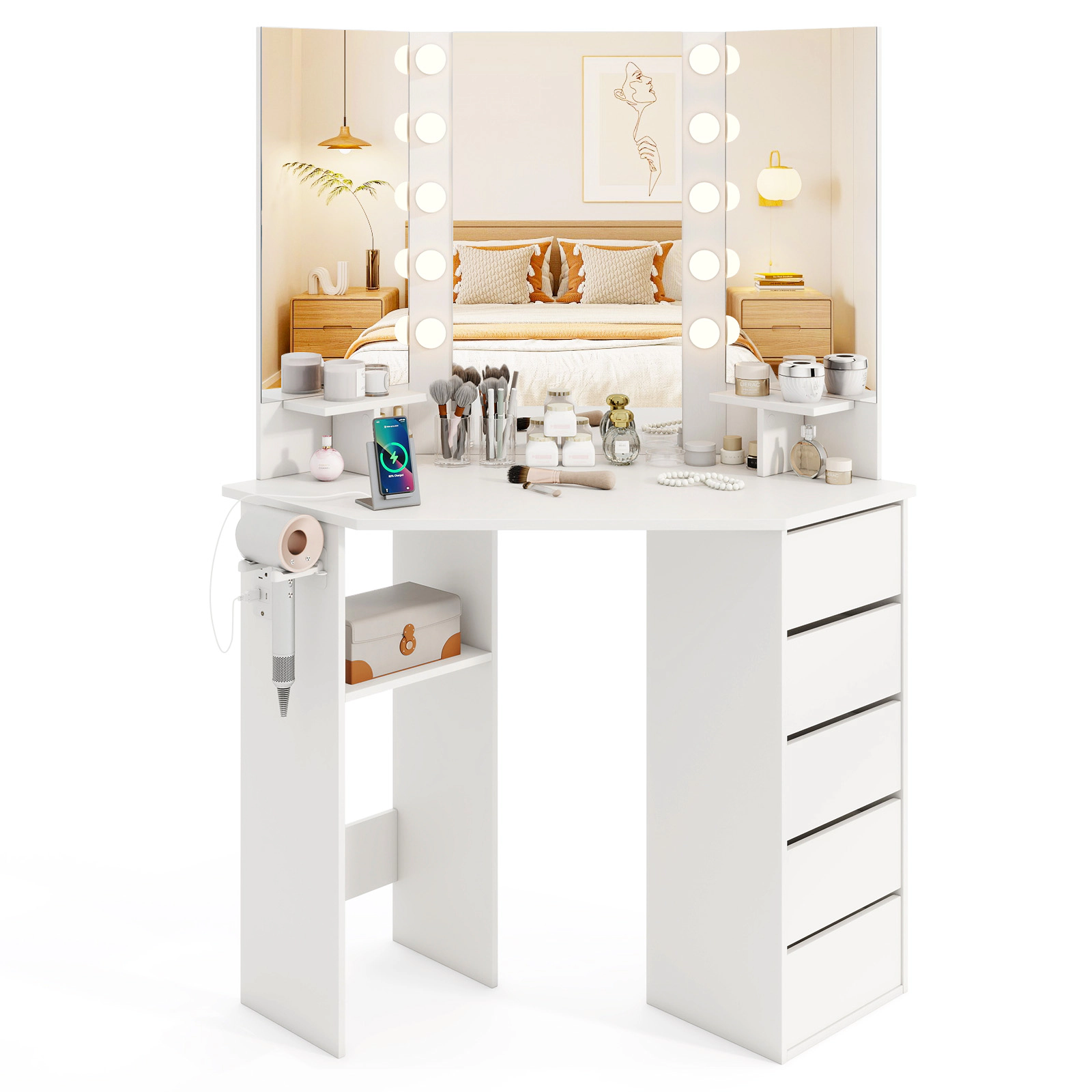 SUGIFT White Corner Vanity Desk with 3-Color LED Mirror, Outlets and USB Ports