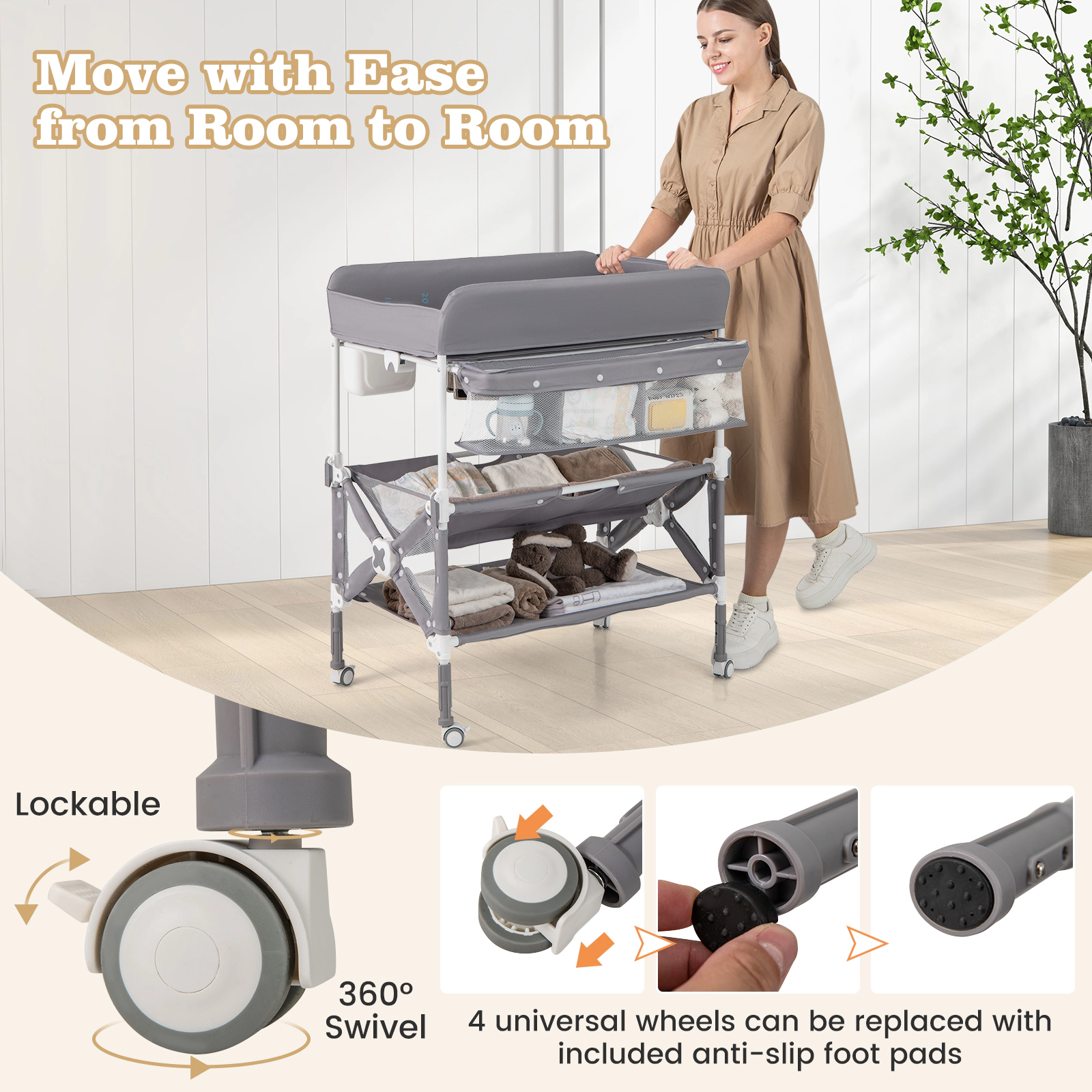 SUGIFT Portable Baby Changing Table Gray with Wheels Storage Basket and Trash Bin