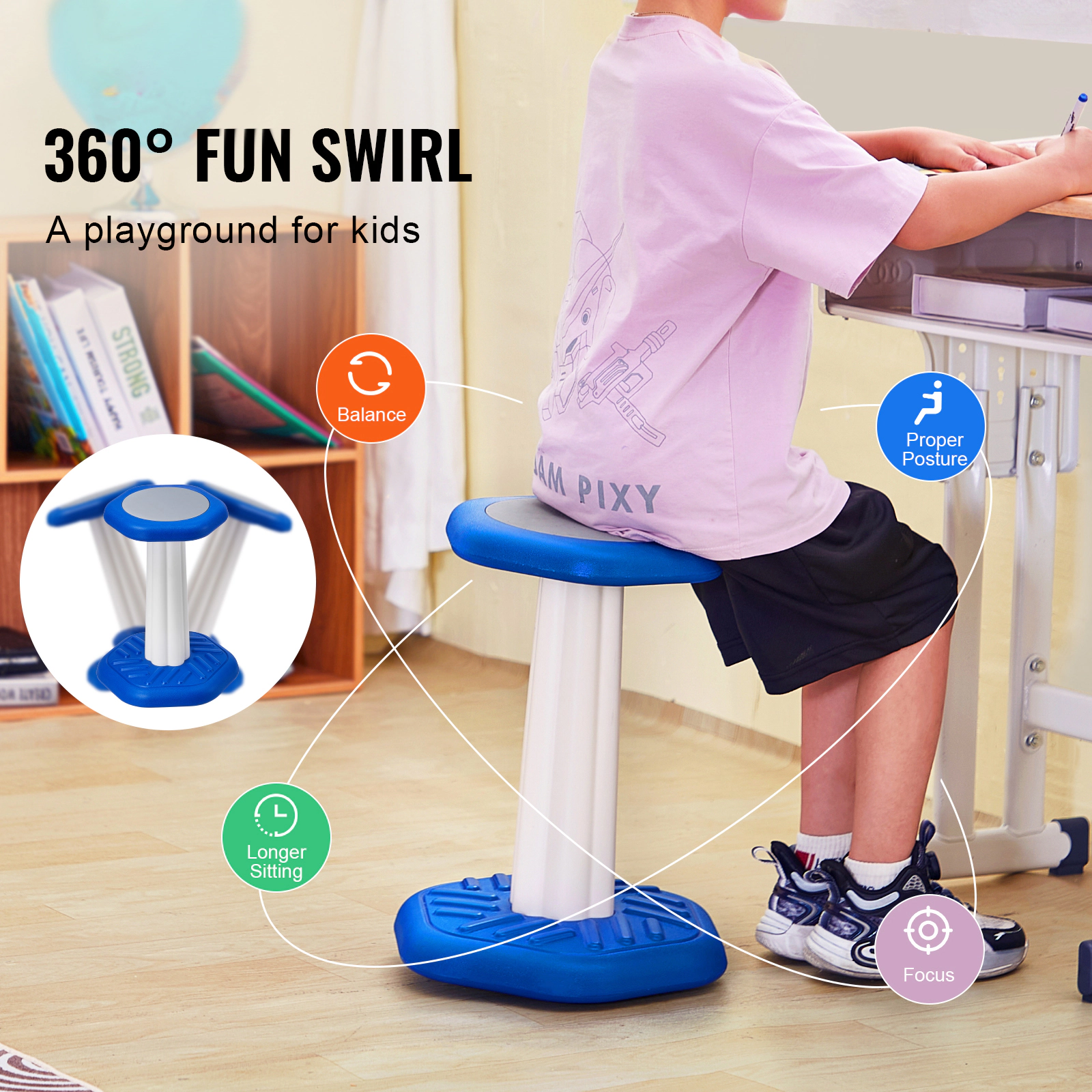 HONGGE Kids Wobble Chair for Ages 7-14, 360-Degree Swivel Stool with Cushioned Seat, HDPE, Holds up to 154 lbs