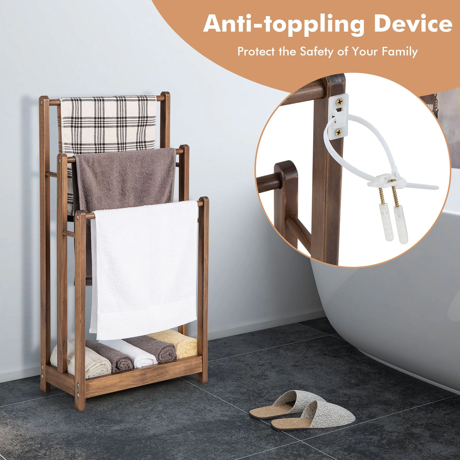 SlickBlue Freestanding Towel Rack, 3-Bar Fir Wood Drying Stand