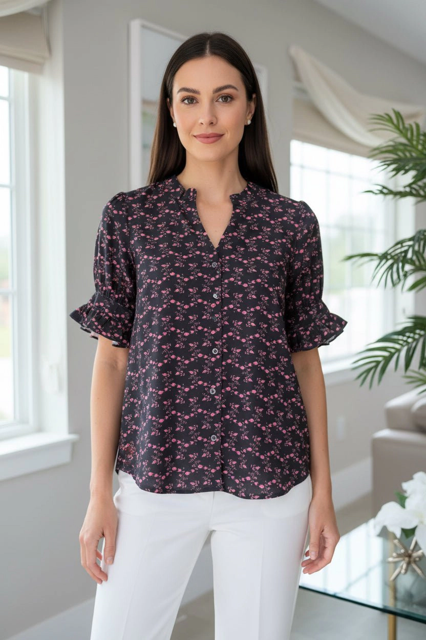 DressAtR Women's Black V Neck Puff Bell Cuff Sleeve Blouse