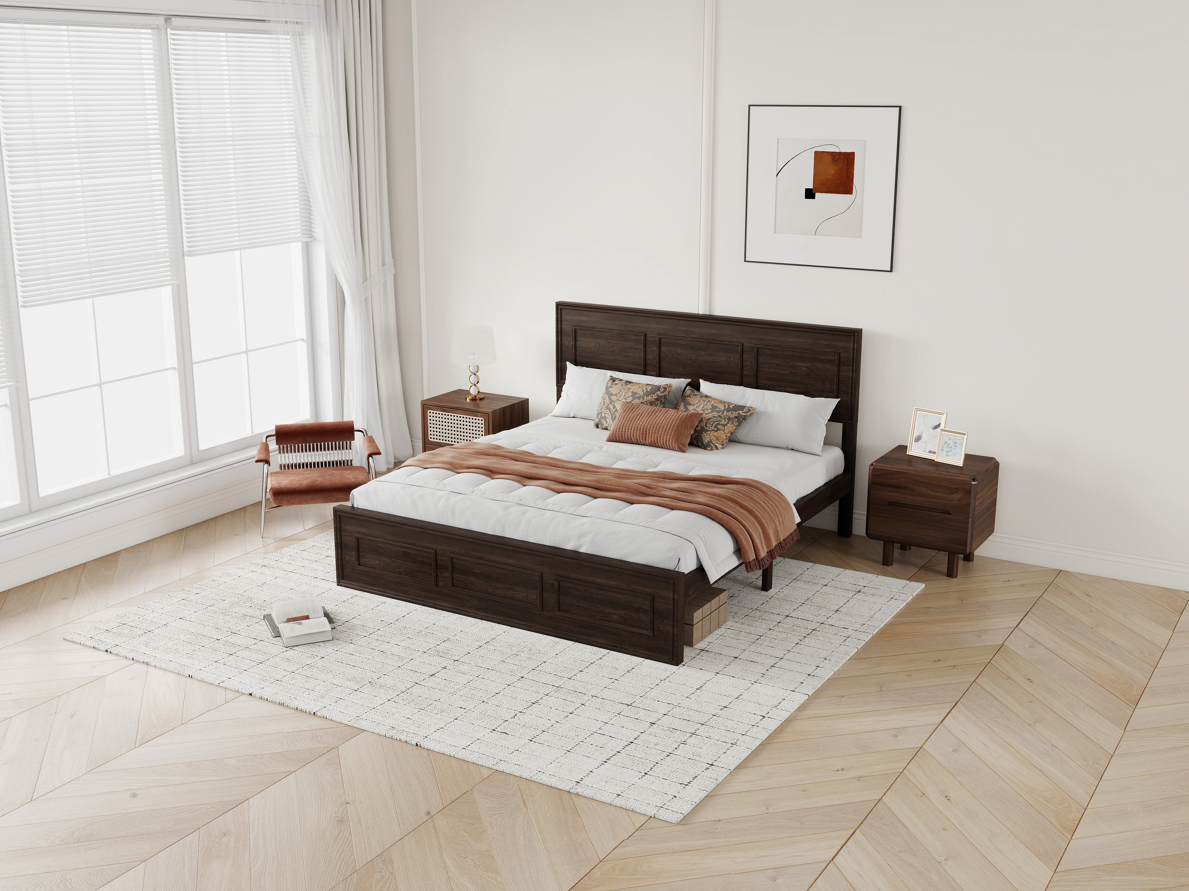Flynama Queen Bed with Adjustable Height Headboard, Pine Wood Strengthened Frame, Rich Brown